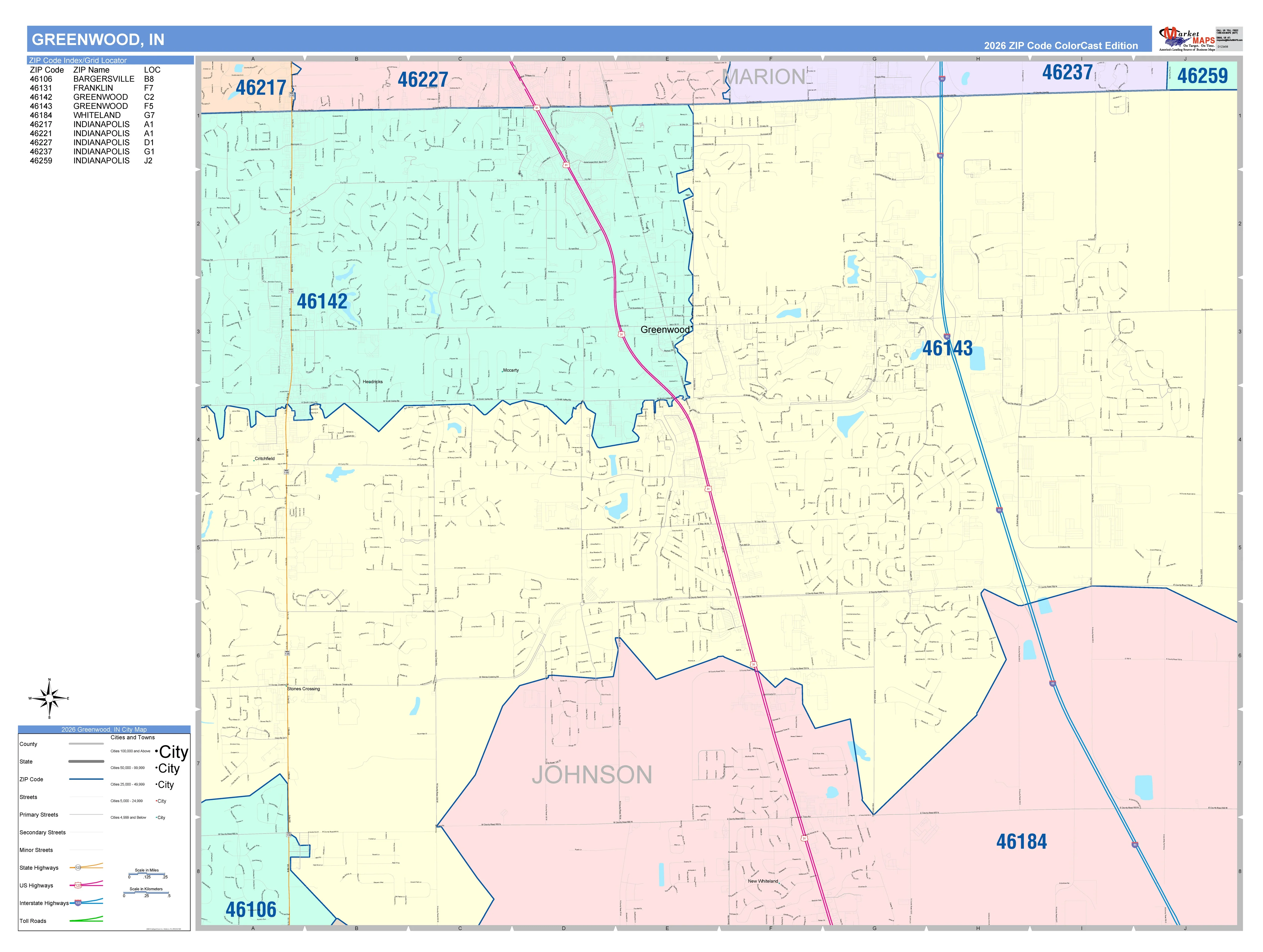 Color Cast Wall Map of Greenwood, IN
