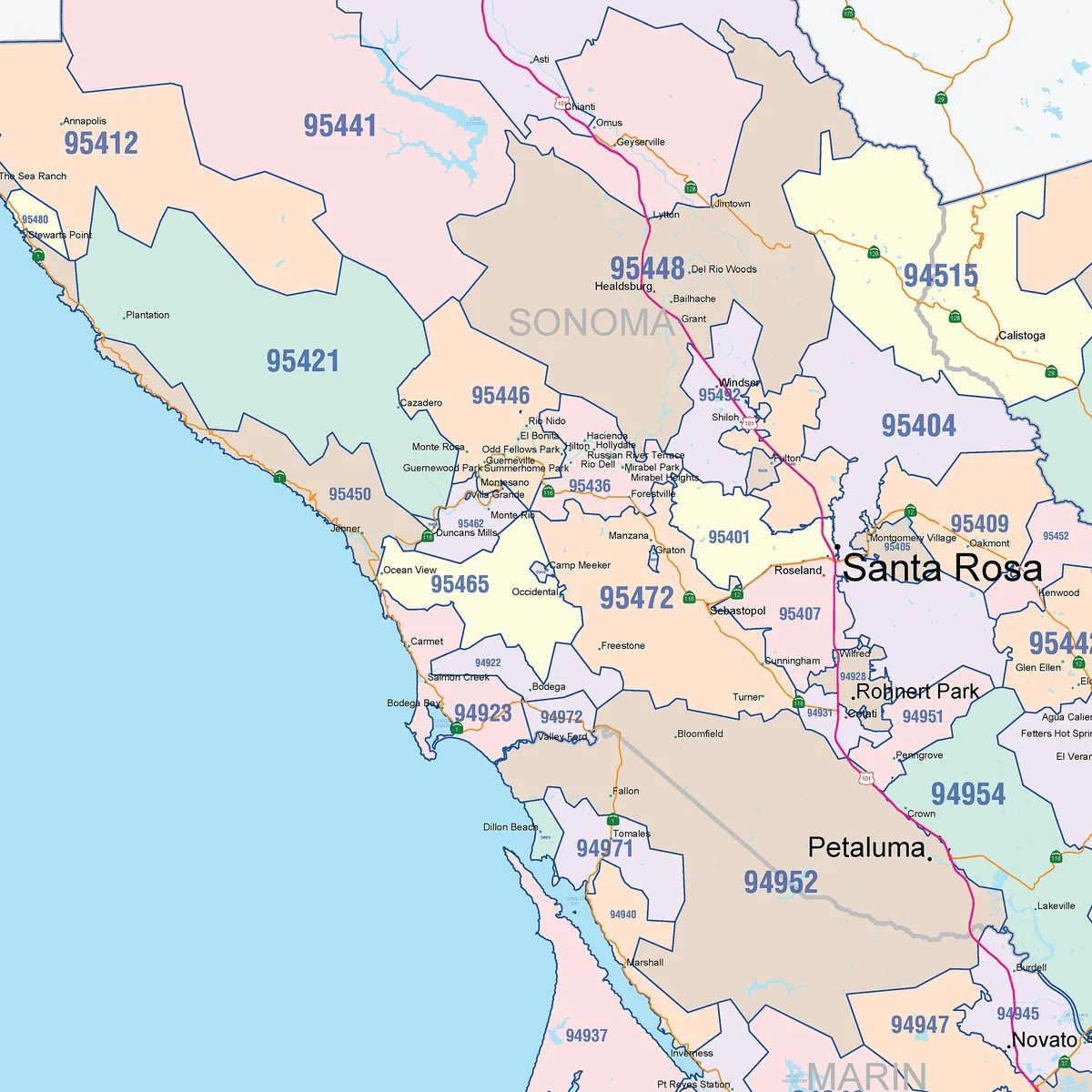 Color Cast Zip Code Style Wall Map of Bay Area, CA - Image 3