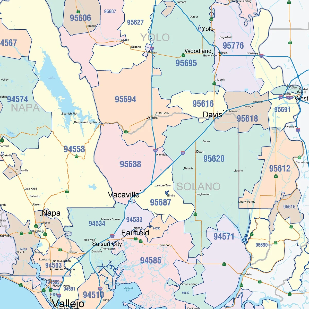 Color Cast Zip Code Style Wall Map of Bay Area, CA - Image 4
