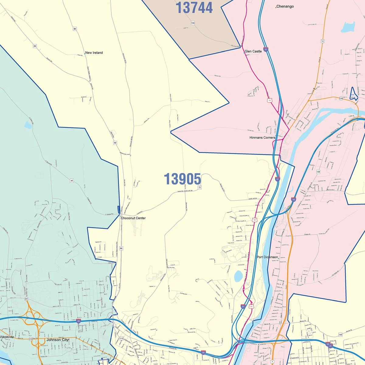 Color Cast Zip Code Style Wall Map of Binghamton, NY - Image 4