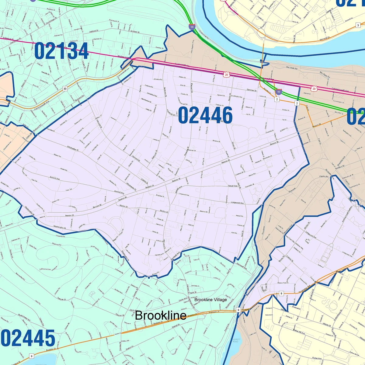 Color Cast Zip Code Style Wall Map of Brookline, MA - Image 4
