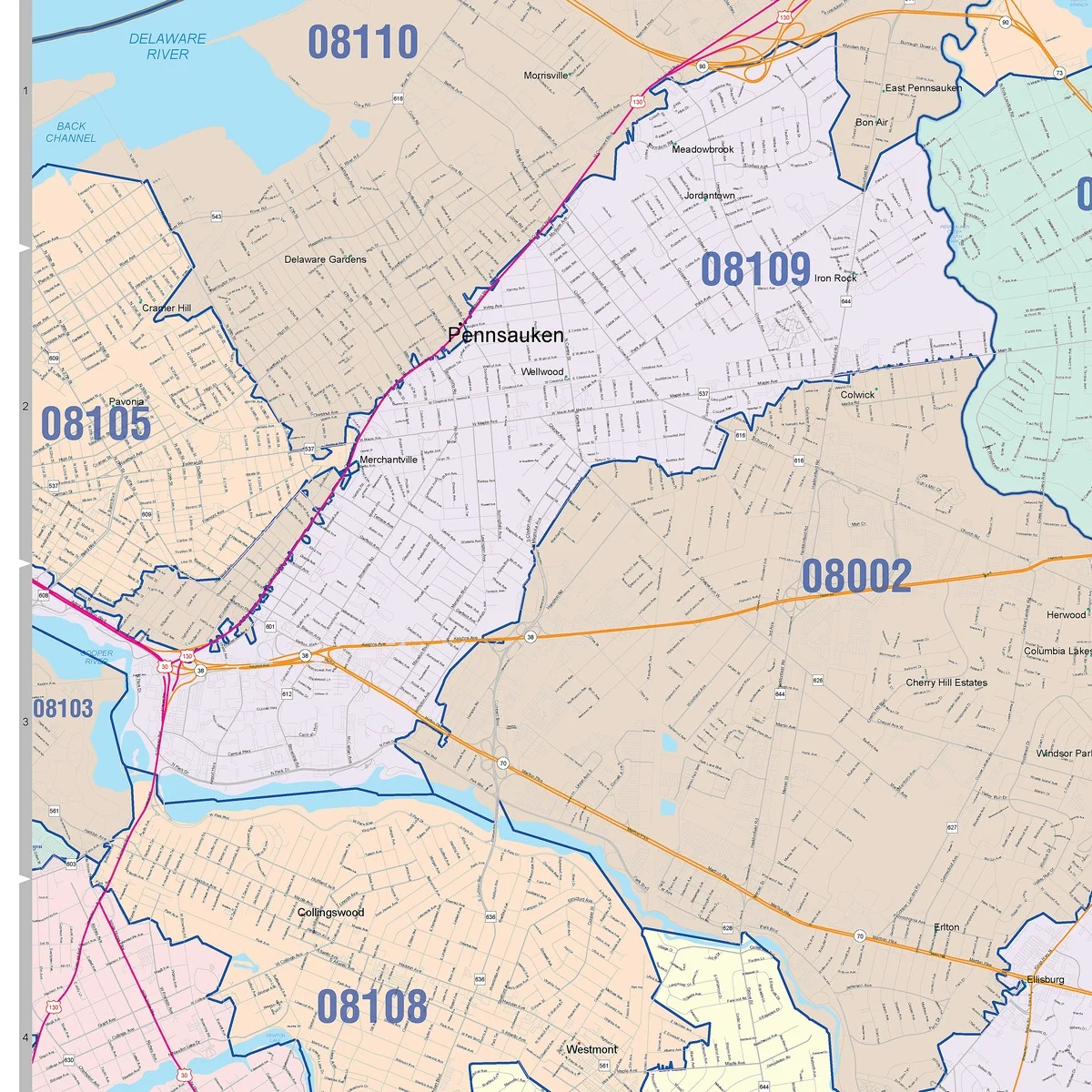 Color Cast Zip Code Style Wall Map of Cherry Hill, NJ - Image 3