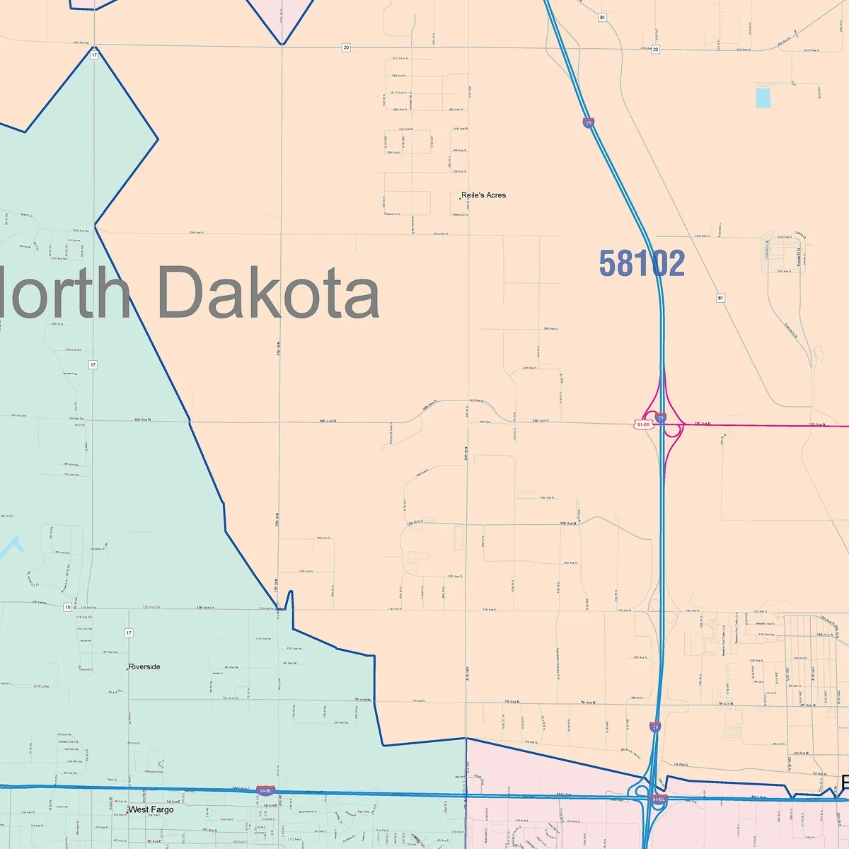 Color Cast Zip Code Style Wall Map of Fargo, ND - Image 3