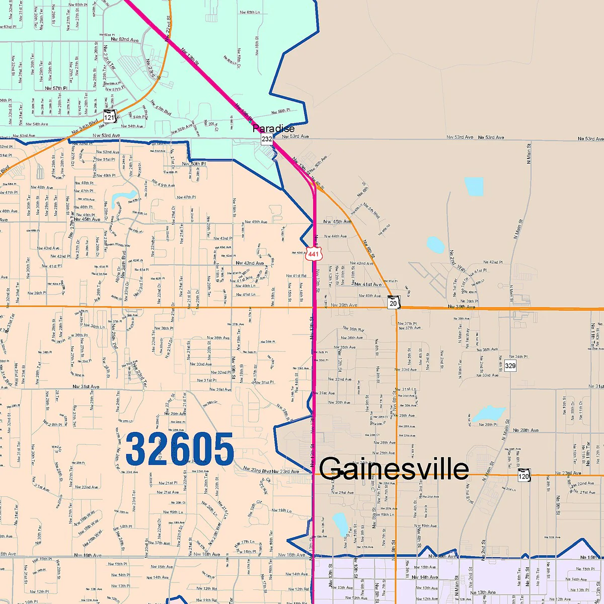 Color Cast Zip Code Style Wall Map of Gainesville, FL - Image 2