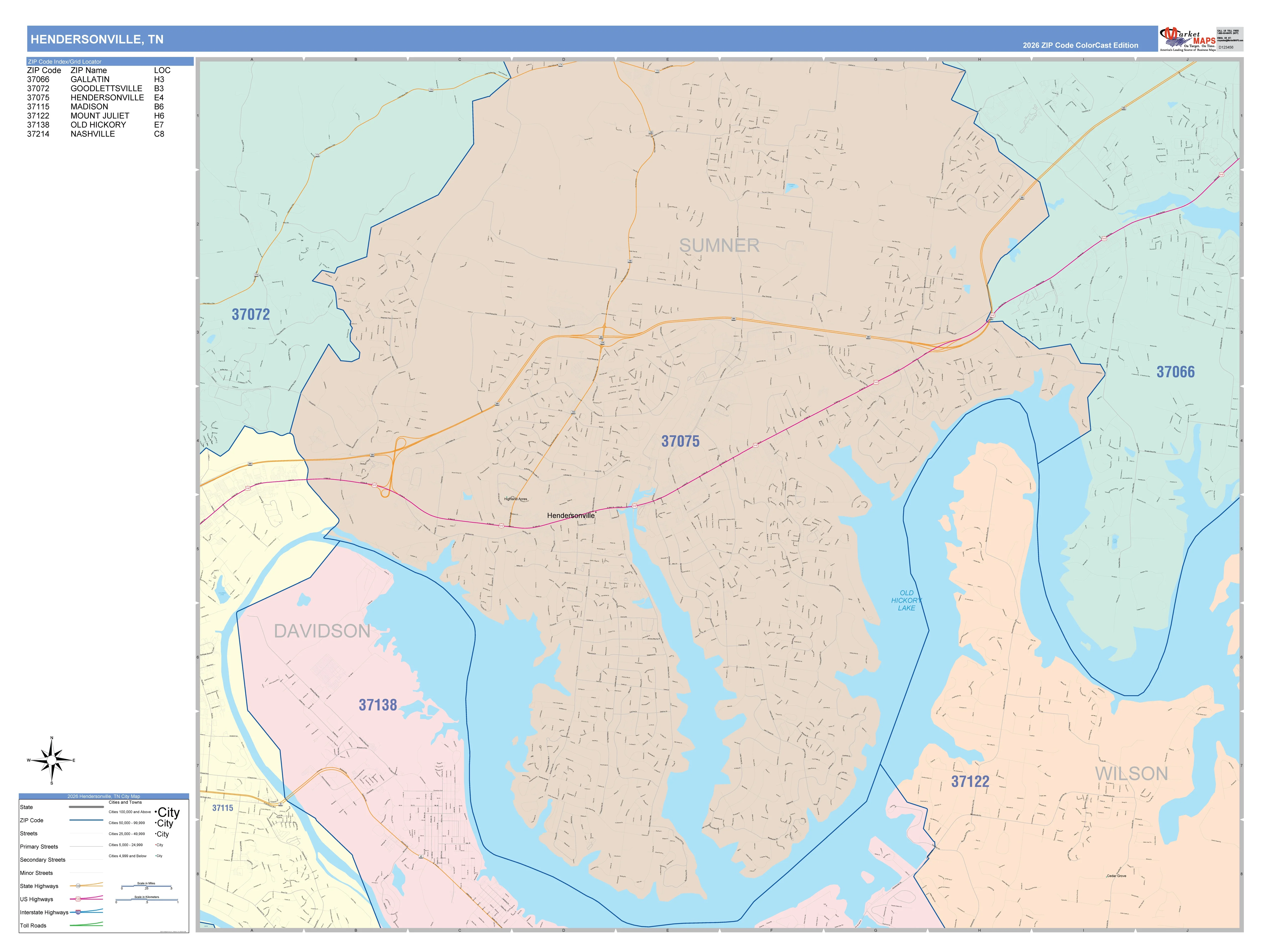 Color Cast Zip Code Style Wall Map of Hendersonville, TN