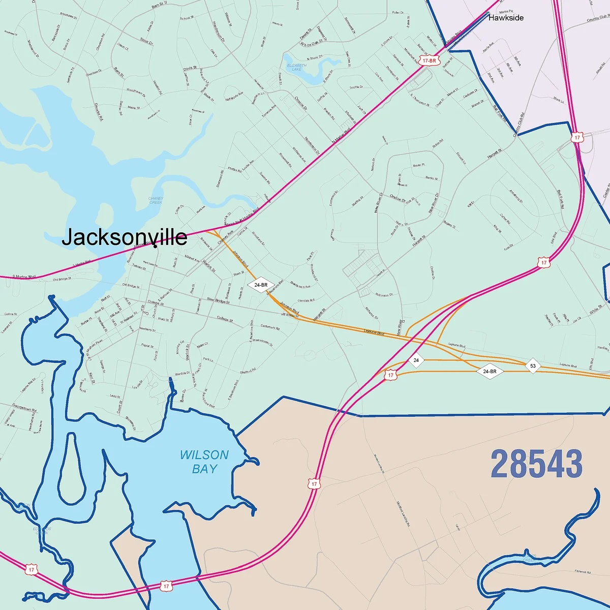 Color Cast Zip Code Style Wall Map of Jacksonville, NC - Image 2