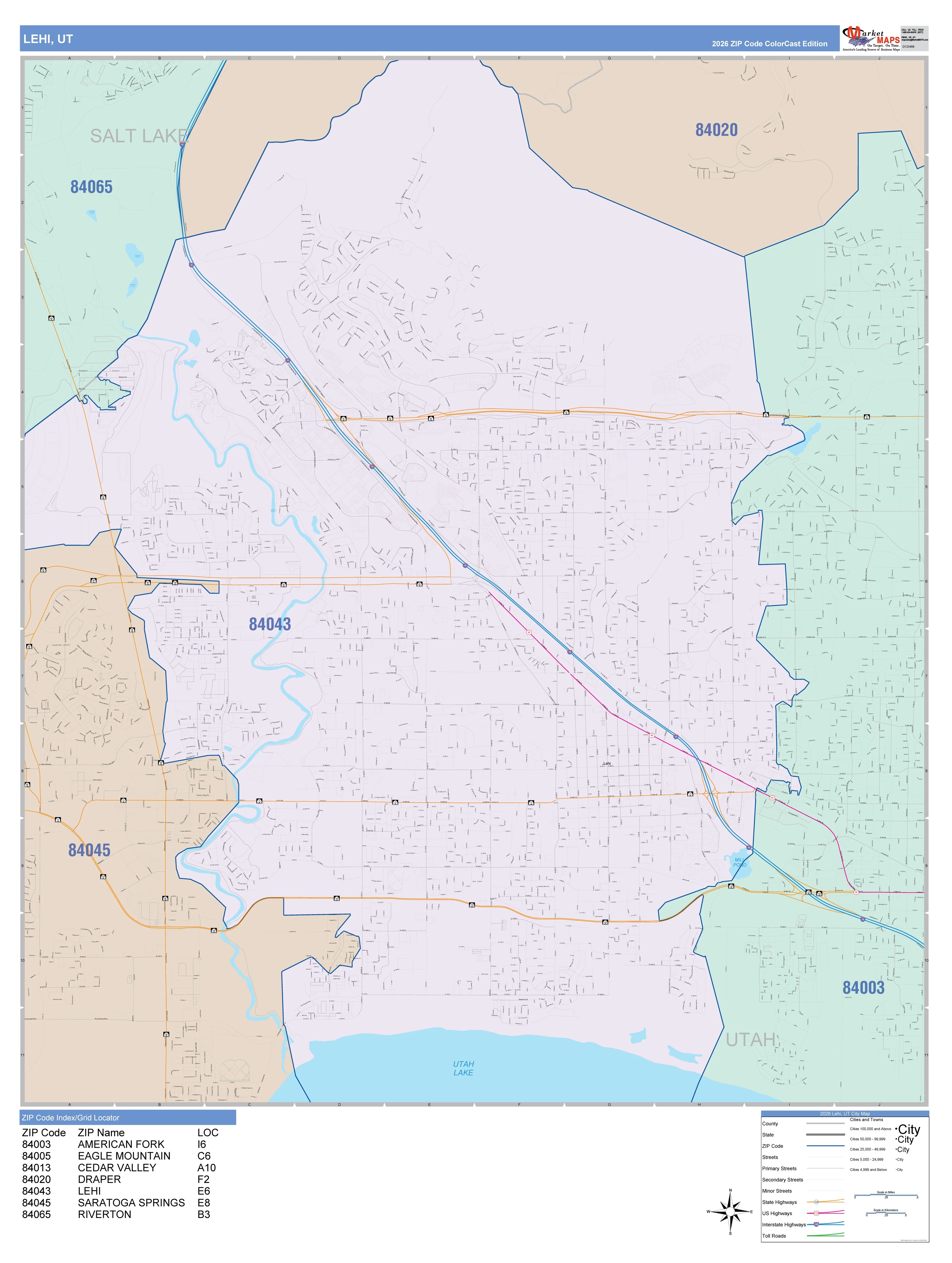 Color Cast Zip Code Style Wall Map of Lehi, UT