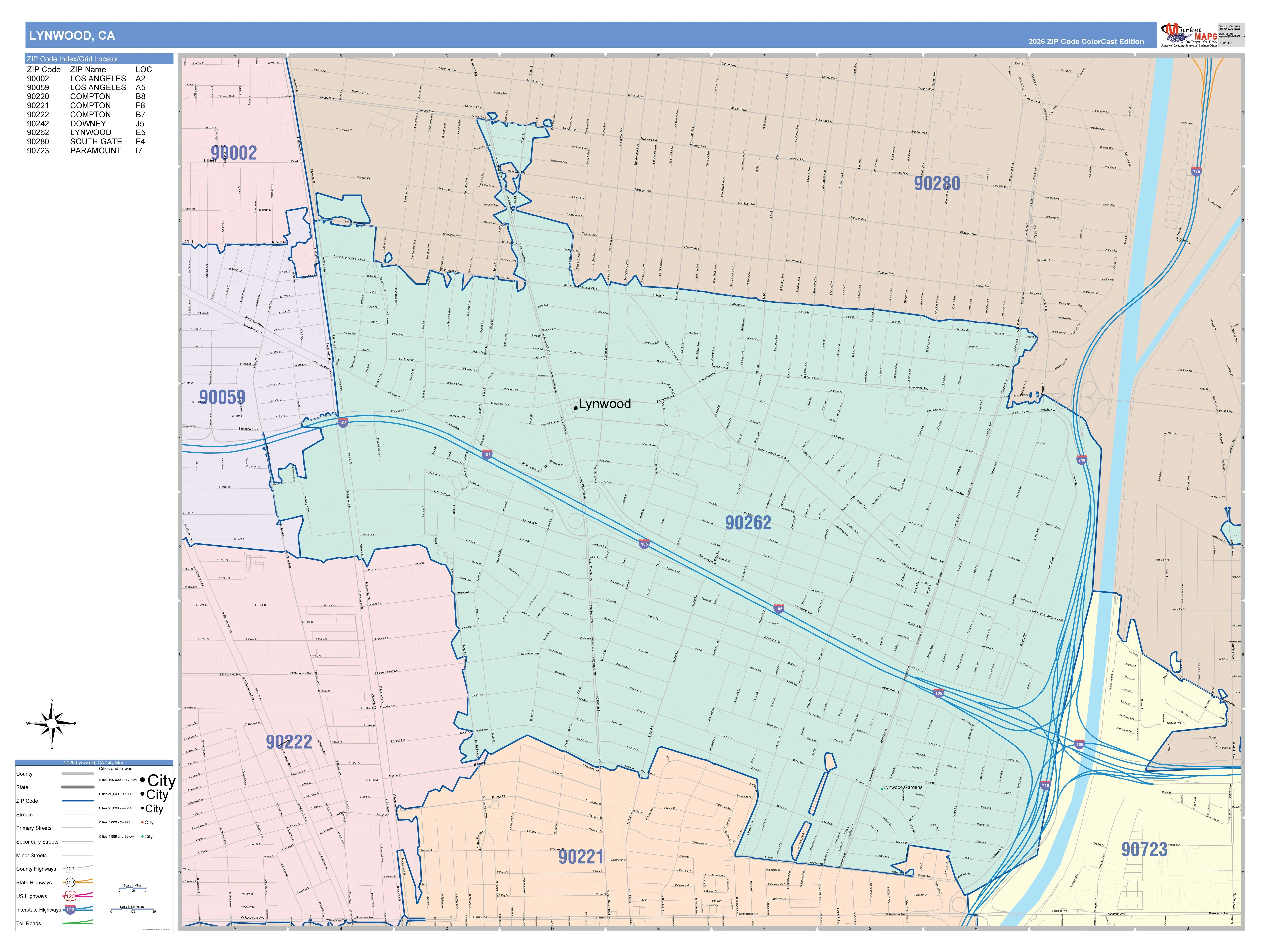Color Cast Zip Code Style Wall Map of Lynwood, CA