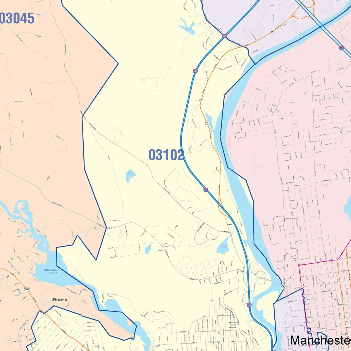 Color Cast Zip Code Style Wall Map of Manchester, NH - Image 3