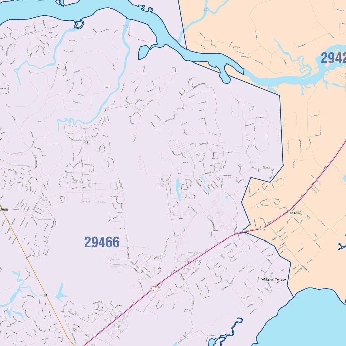Color Cast Zip Code Style Wall Map of Mount Pleasant, SC - Image 4