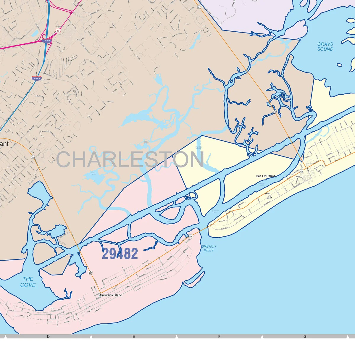Color Cast Zip Code Style Wall Map of Mount Pleasant, SC - Image 5