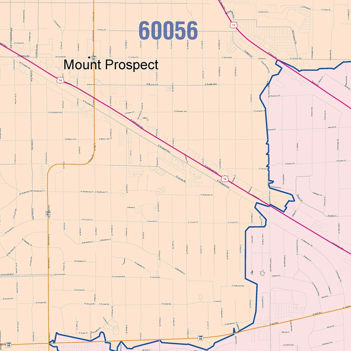 Color Cast Zip Code Style Wall Map of Mount Prospect, IL - Image 2