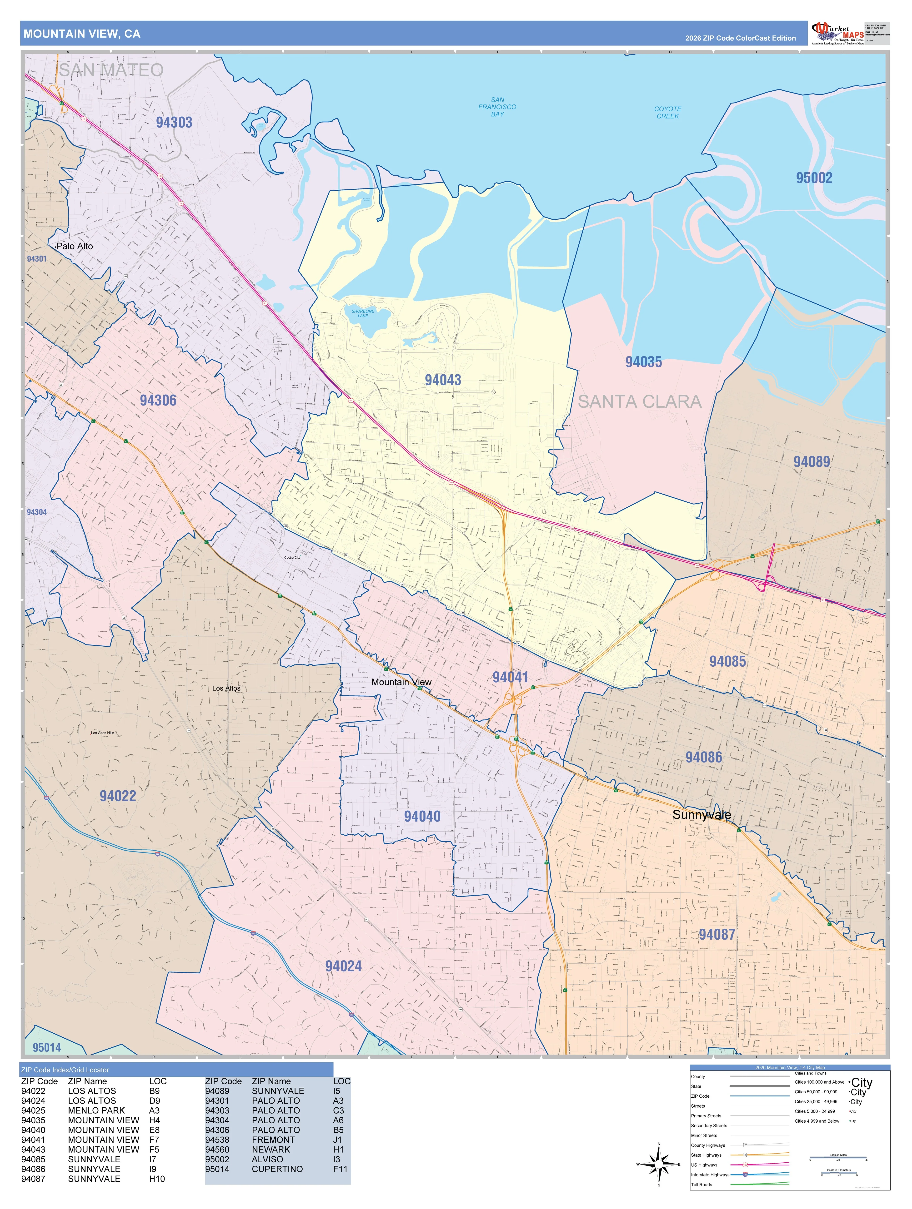 Color Cast Zip Code Style Wall Map of Mountain View, CA