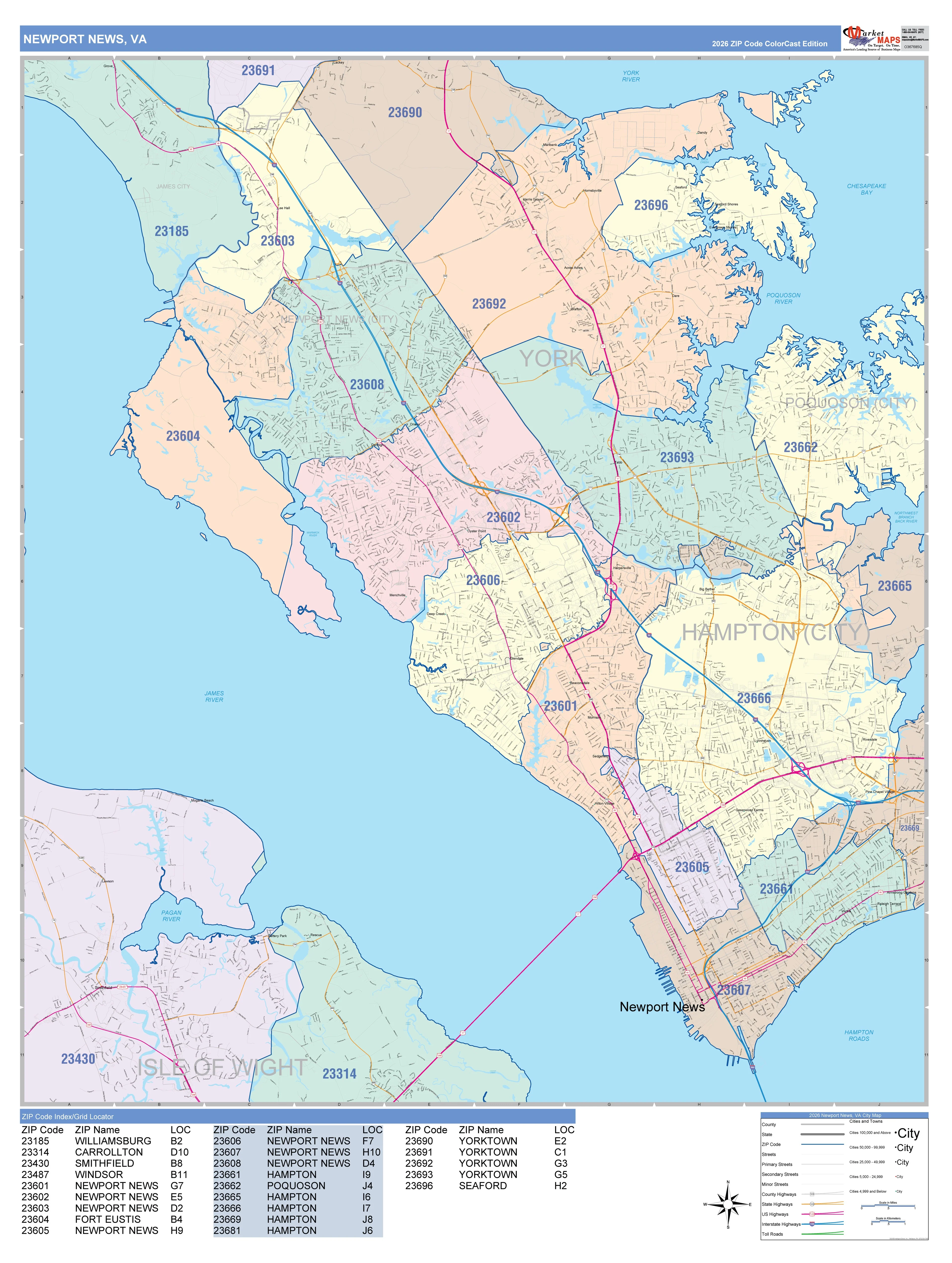 Color Cast Zip Code Style Wall Map of Newport News, VA