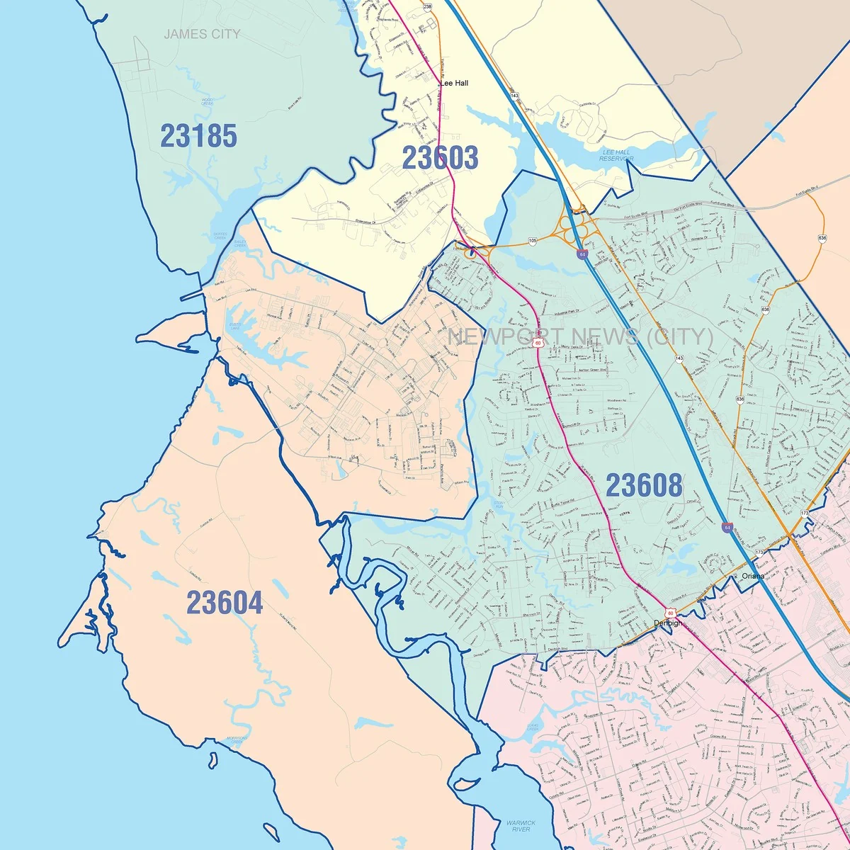 Color Cast Zip Code Style Wall Map of Newport News, VA - Image 3