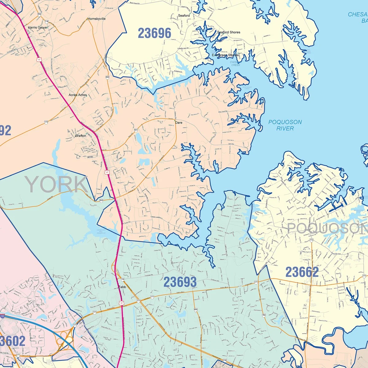 Color Cast Zip Code Style Wall Map of Newport News, VA - Image 4