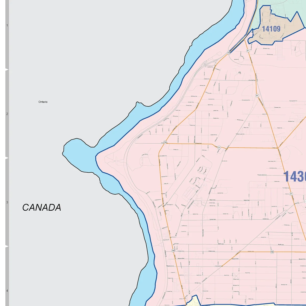 Color Cast Zip Code Style Wall Map of Niagara Falls, NY - Image 3