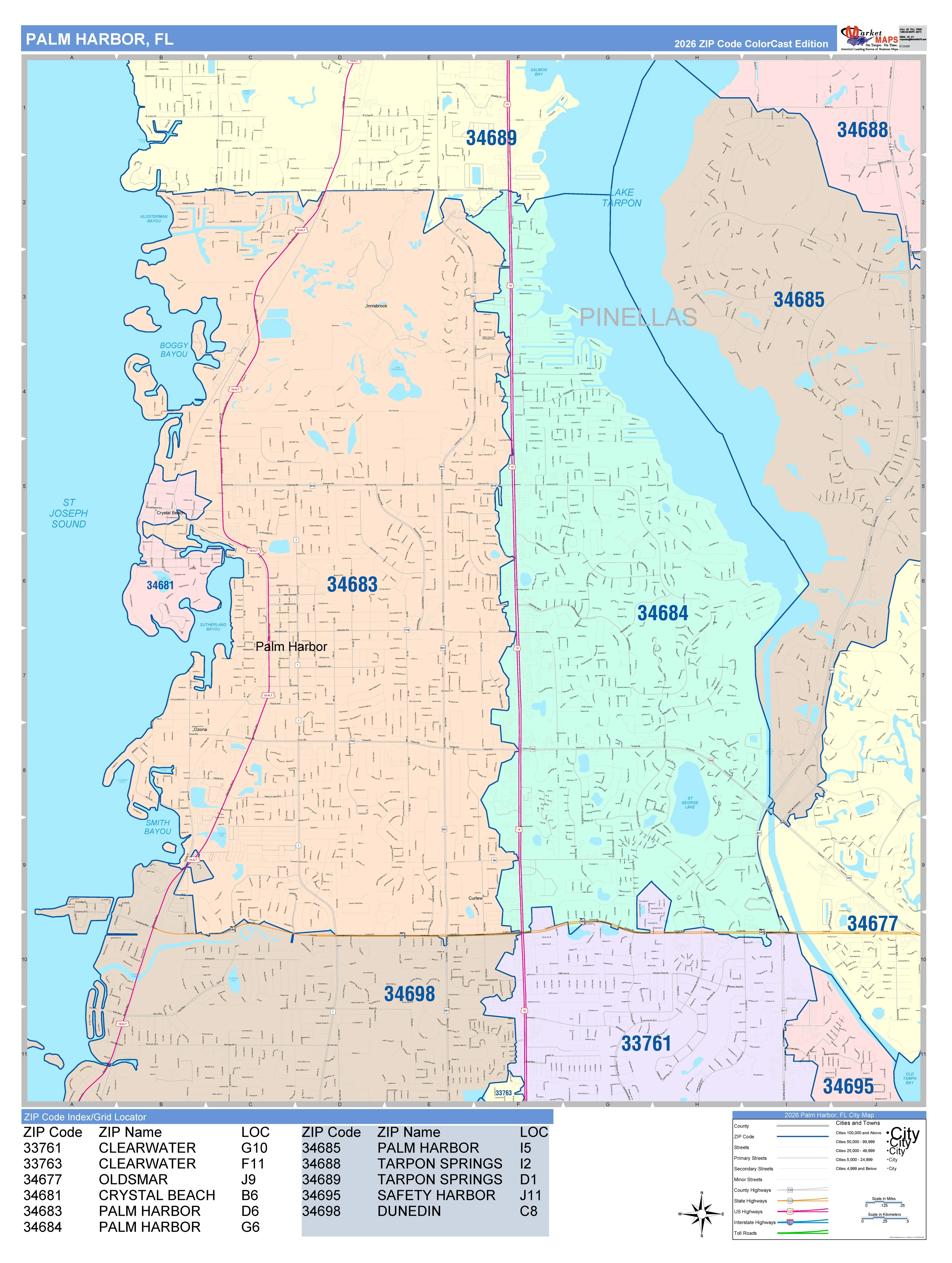 Color Cast Zip Code Style Wall Map of Palm Harbor, FL