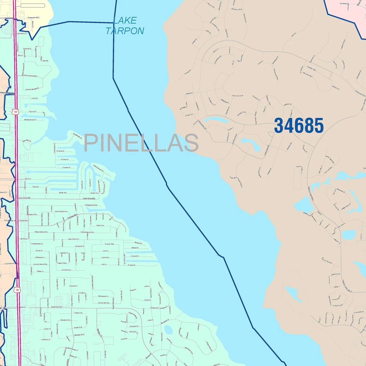 Color Cast Zip Code Style Wall Map of Palm Harbor, FL - Image 4