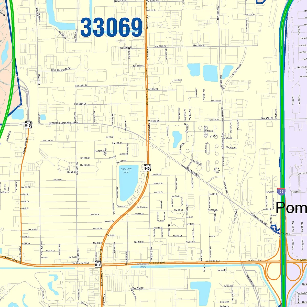 Color Cast Zip Code Style Wall Map of Pompano Beach, FL - Image 2