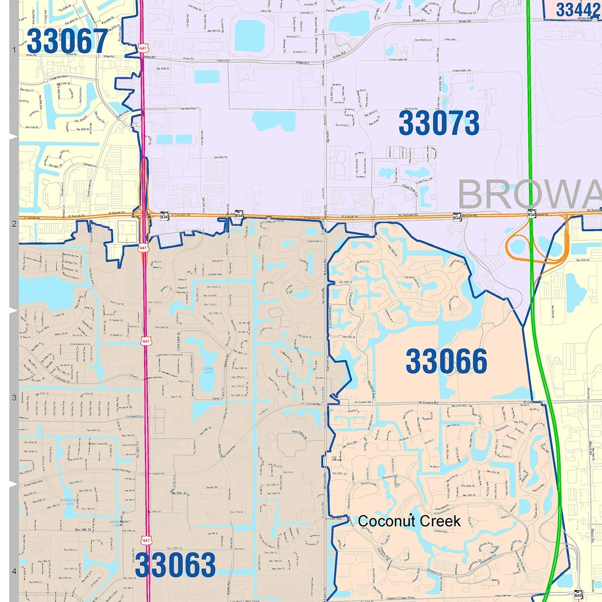 Color Cast Zip Code Style Wall Map of Pompano Beach, FL - Image 3