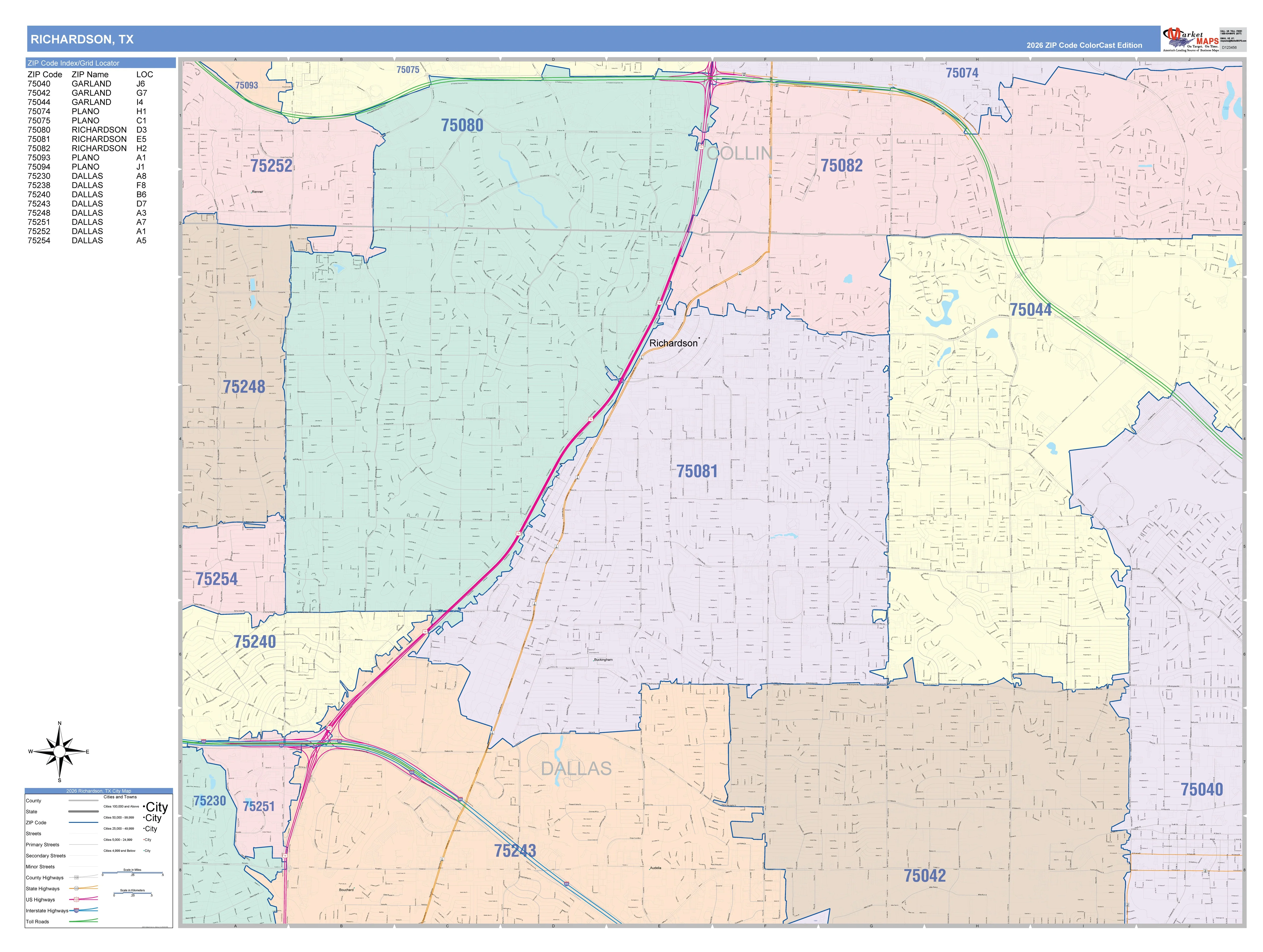 Color Cast Zip Code Style Wall Map of Richardson, TX
