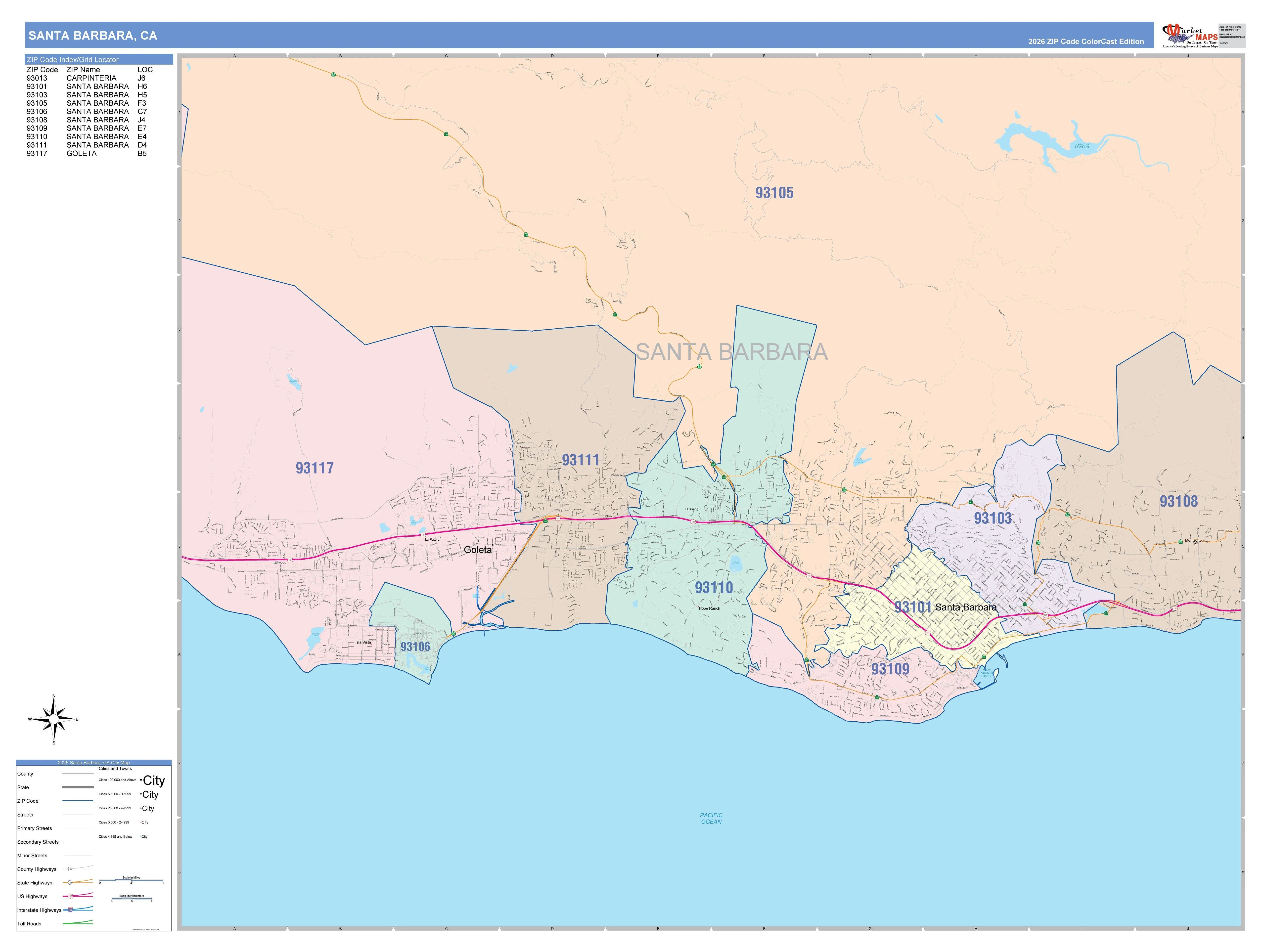 Color Cast Zip Code Style Wall Map of Santa Barbara, CA