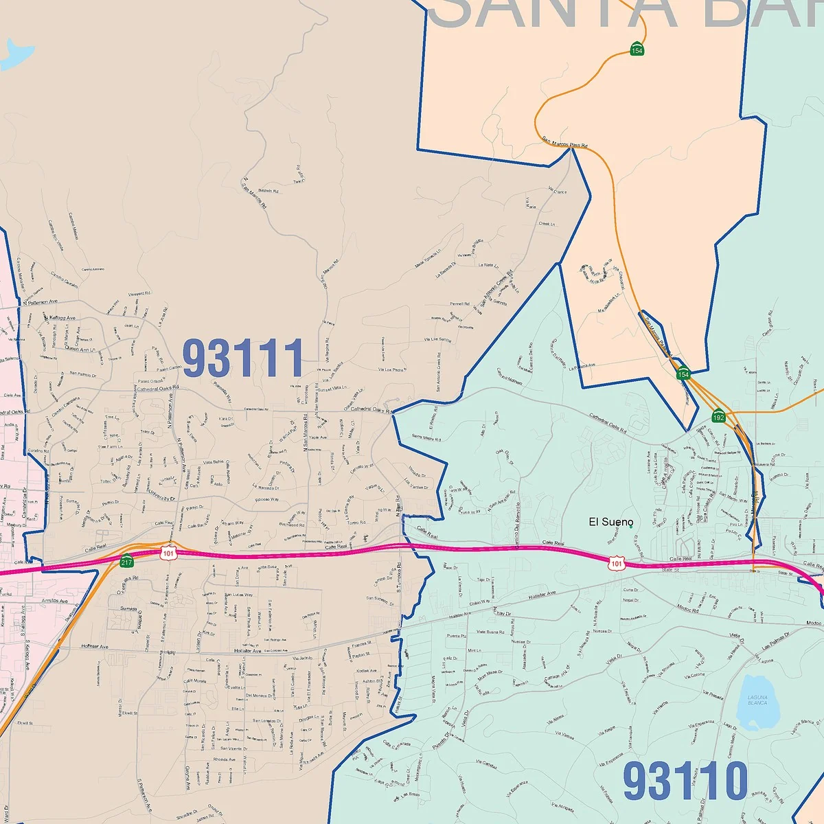 Color Cast Zip Code Style Wall Map of Santa Barbara, CA - Image 2