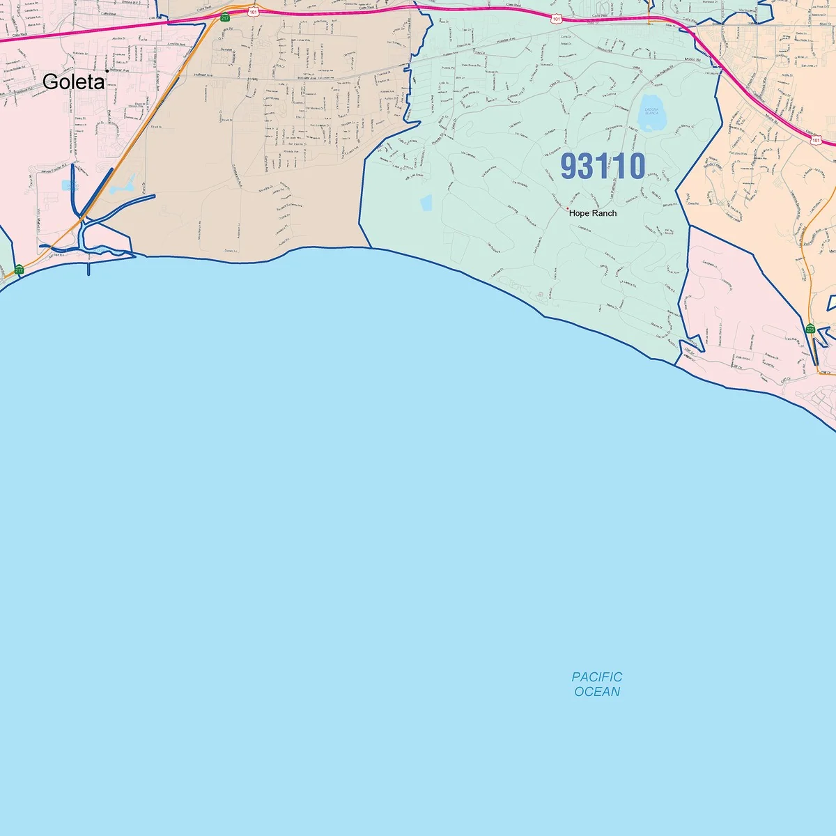 Color Cast Zip Code Style Wall Map of Santa Barbara, CA - Image 5
