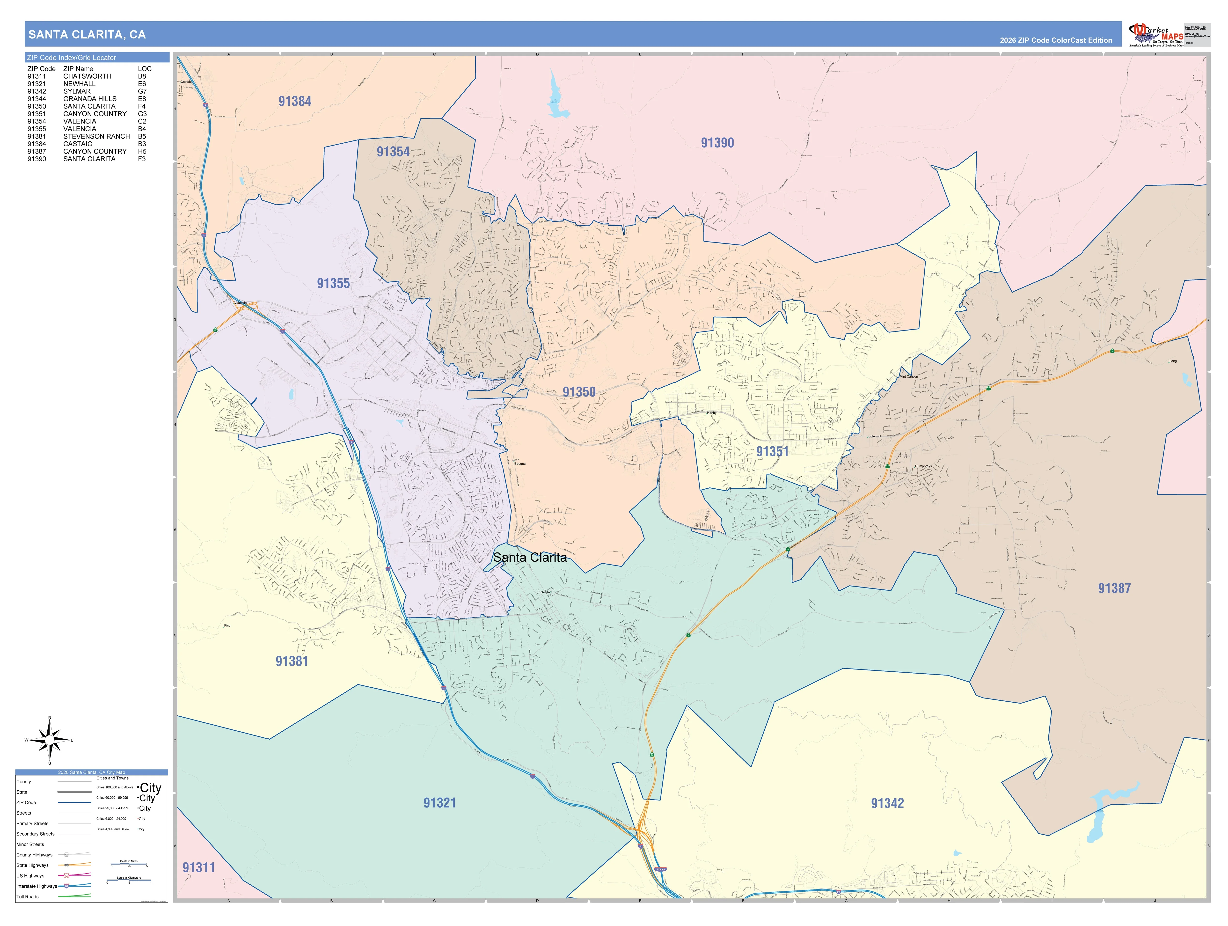 Color Cast Zip Code Style Wall Map of Santa Clarita, CA