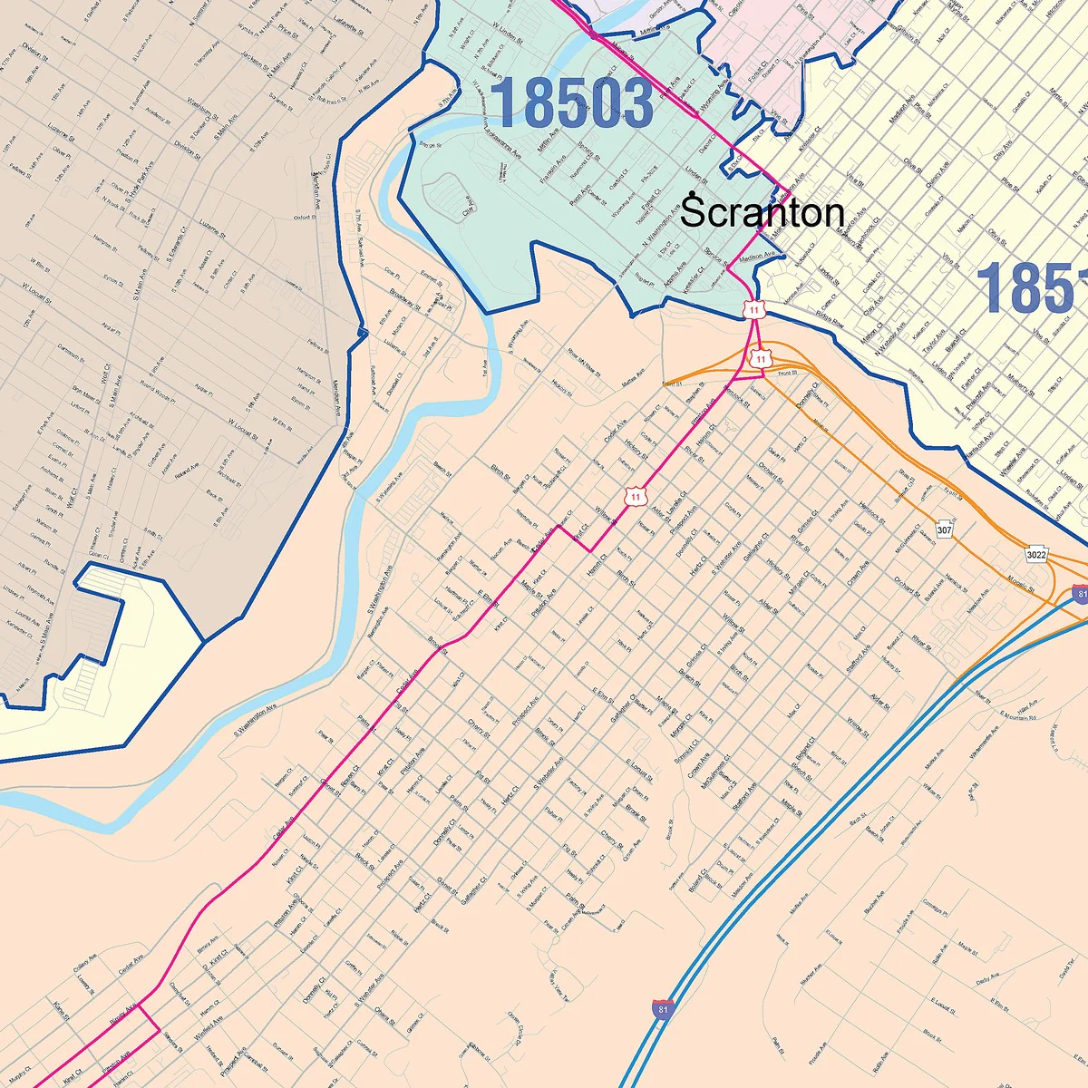 Color Cast Zip Code Style Wall Map of Scranton, PA - Image 2