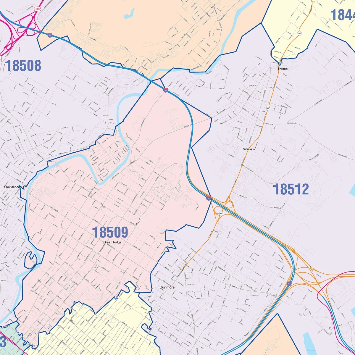 Color Cast Zip Code Style Wall Map of Scranton, PA - Image 4