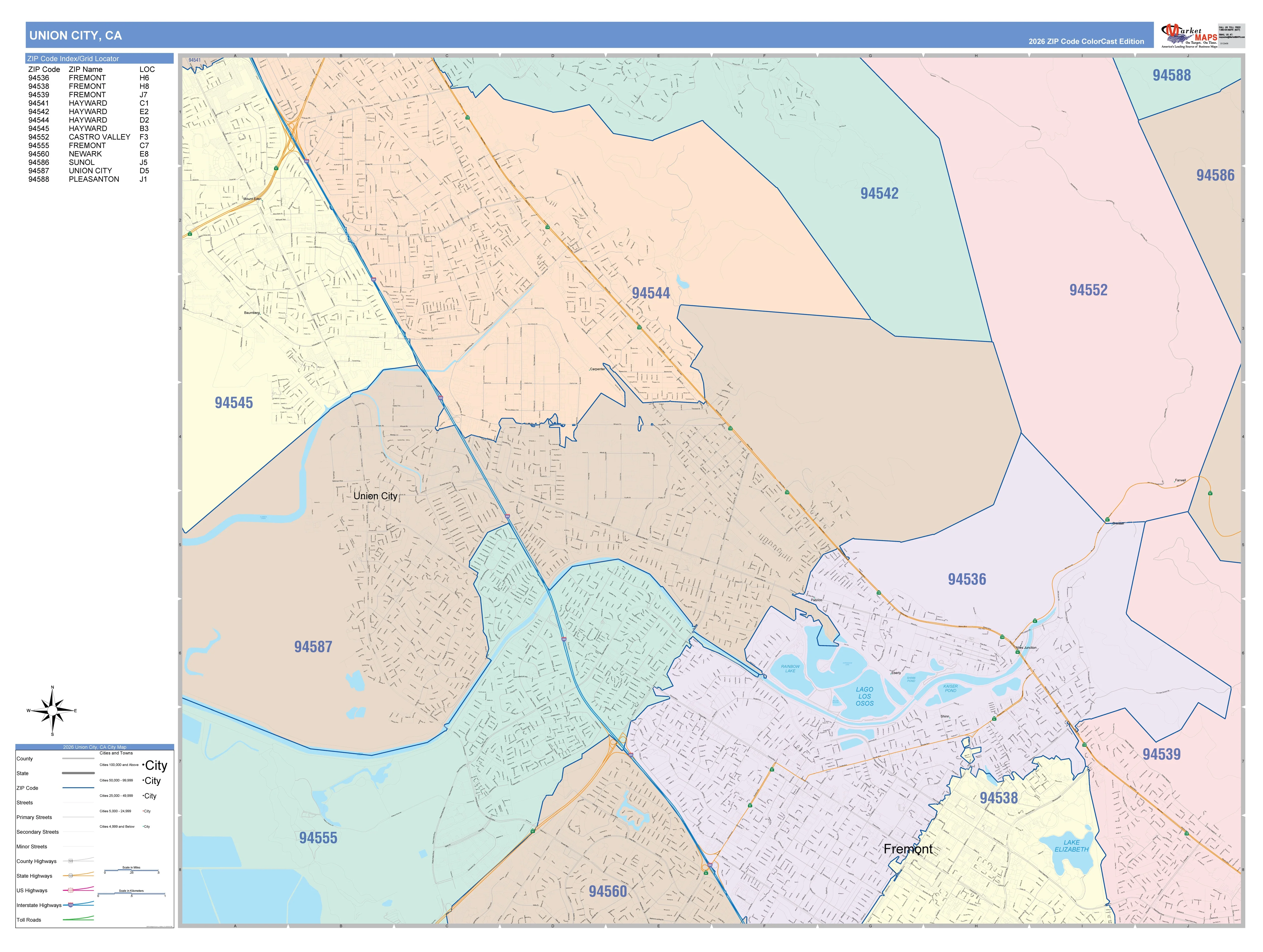 Color Cast Zip Code Style Wall Map of Union City, CA