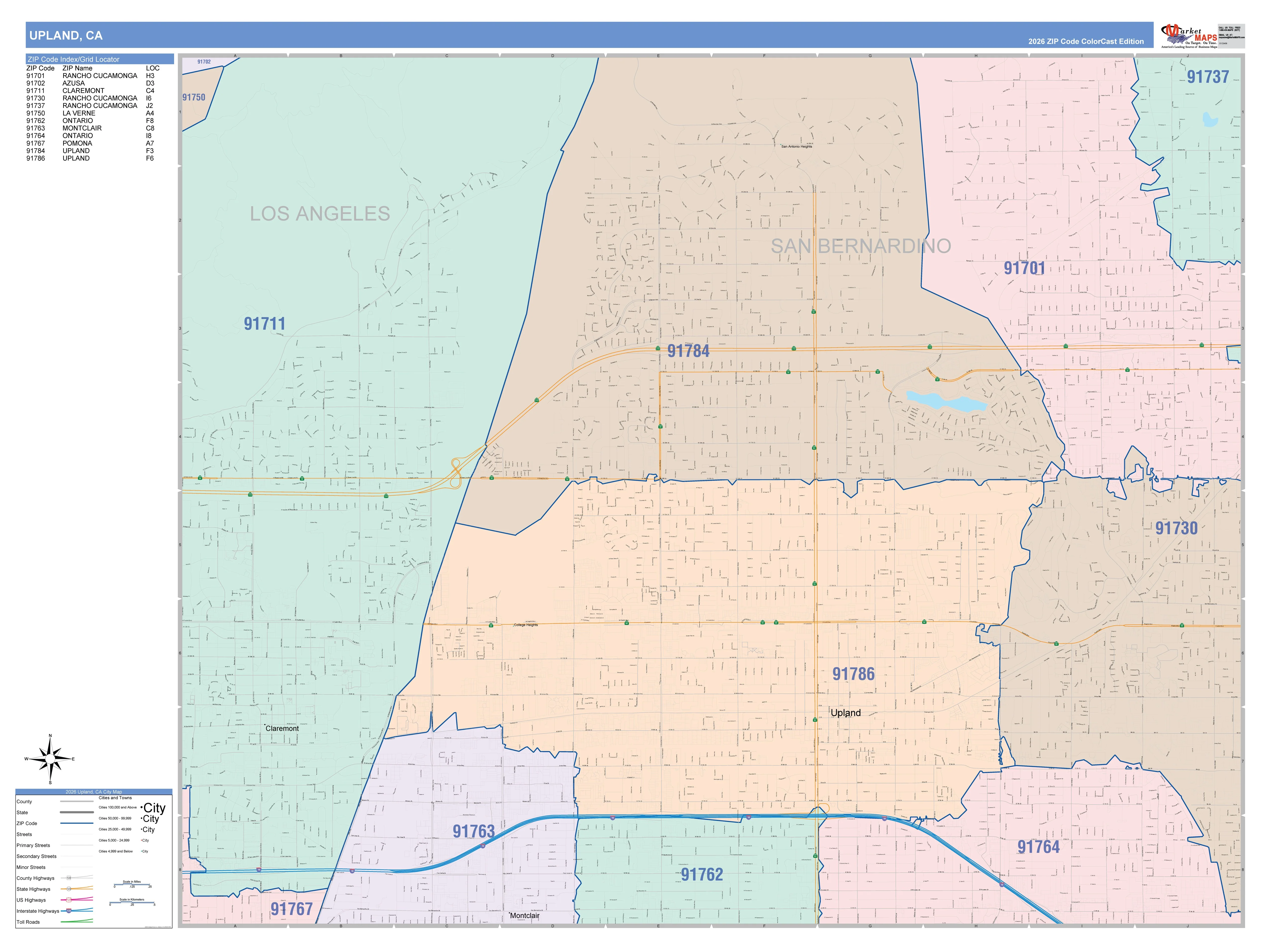 Color Cast Zip Code Style Wall Map of Upland, CA