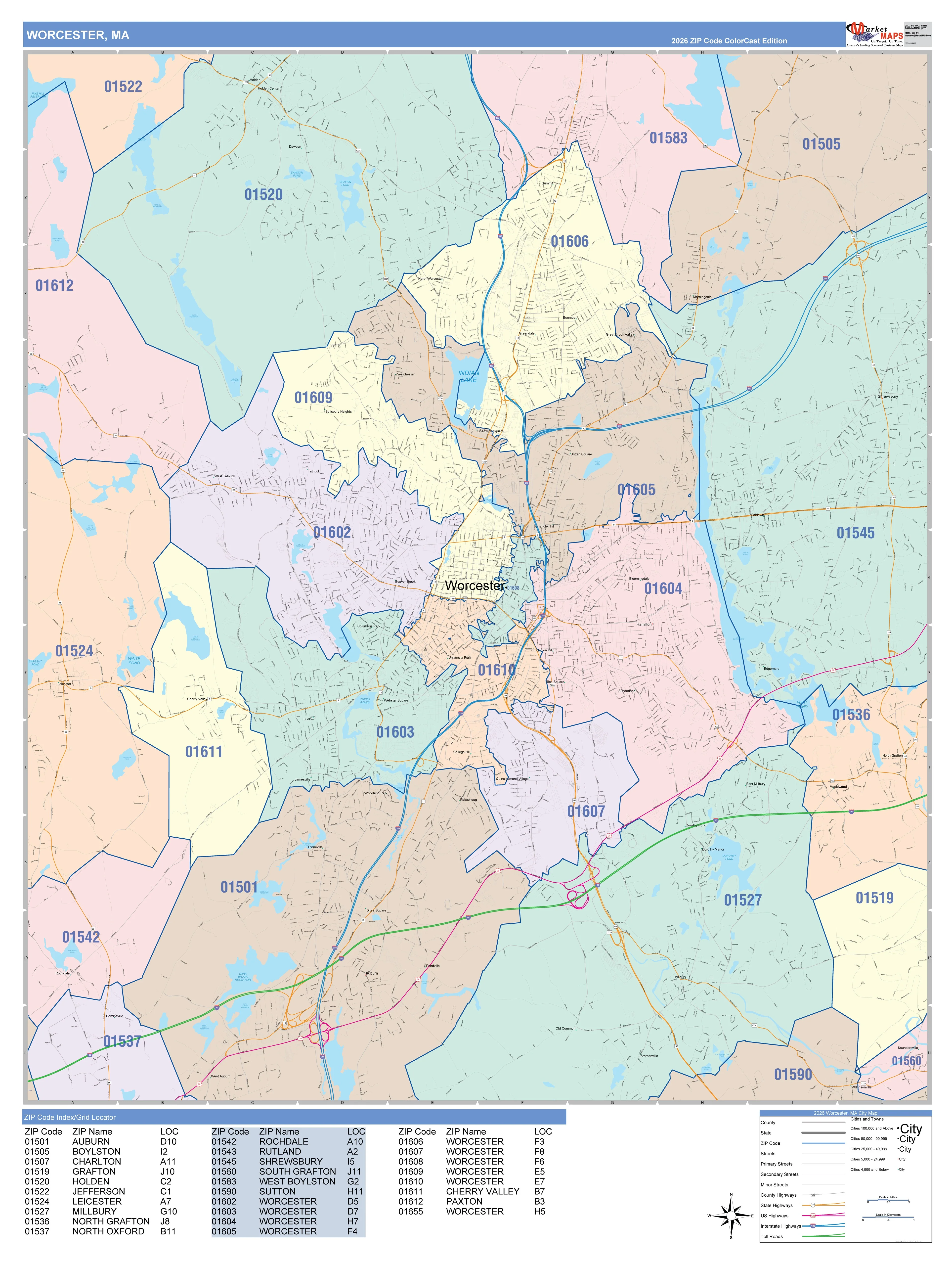 Color Cast Zip Code Style Wall Map of Worcester, MA