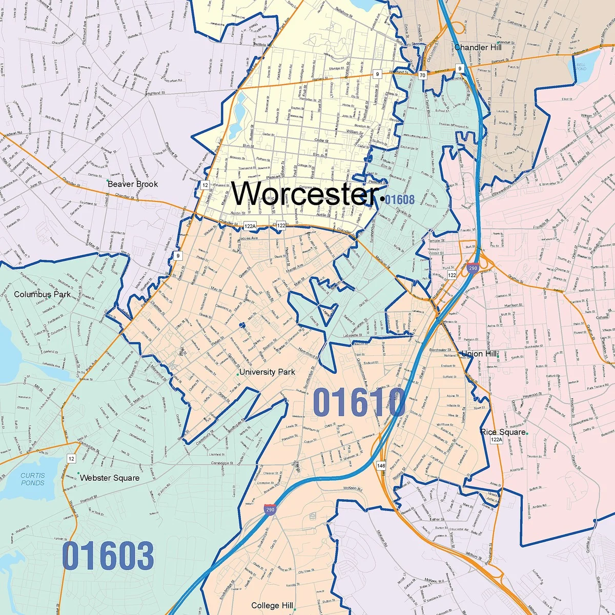 Color Cast Zip Code Style Wall Map of Worcester, MA - Image 2