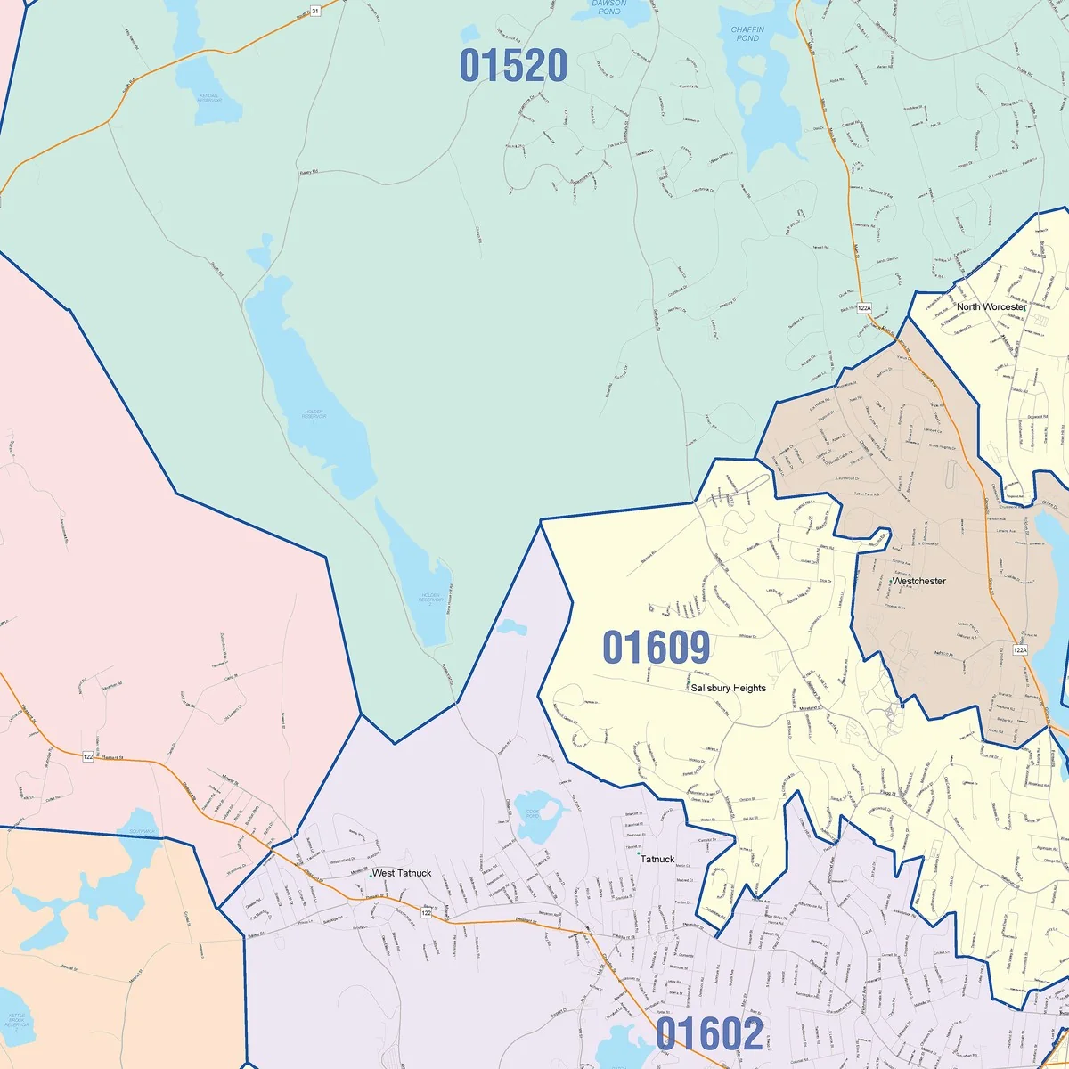 Color Cast Zip Code Style Wall Map of Worcester, MA - Image 3