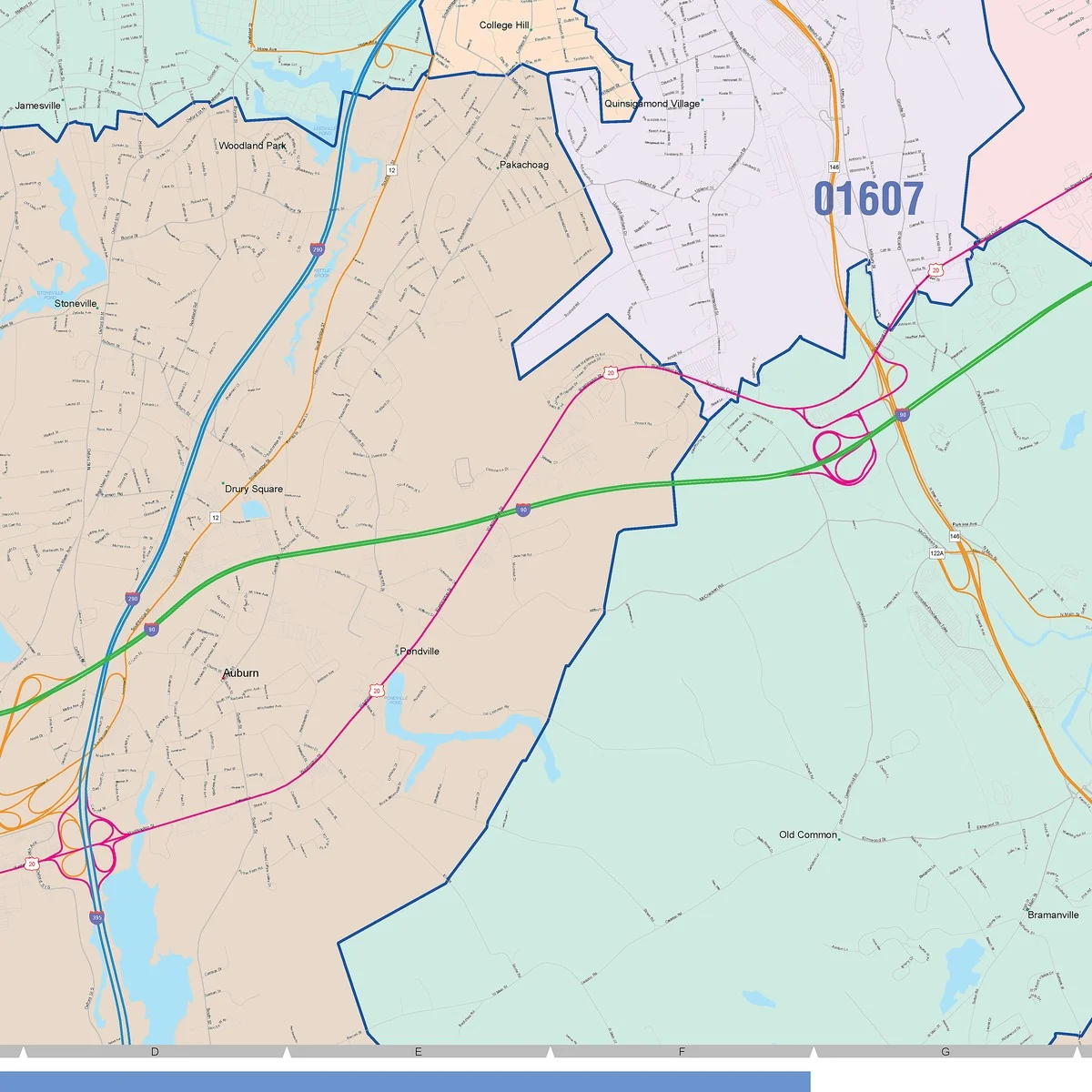 Color Cast Zip Code Style Wall Map of Worcester, MA - Image 5