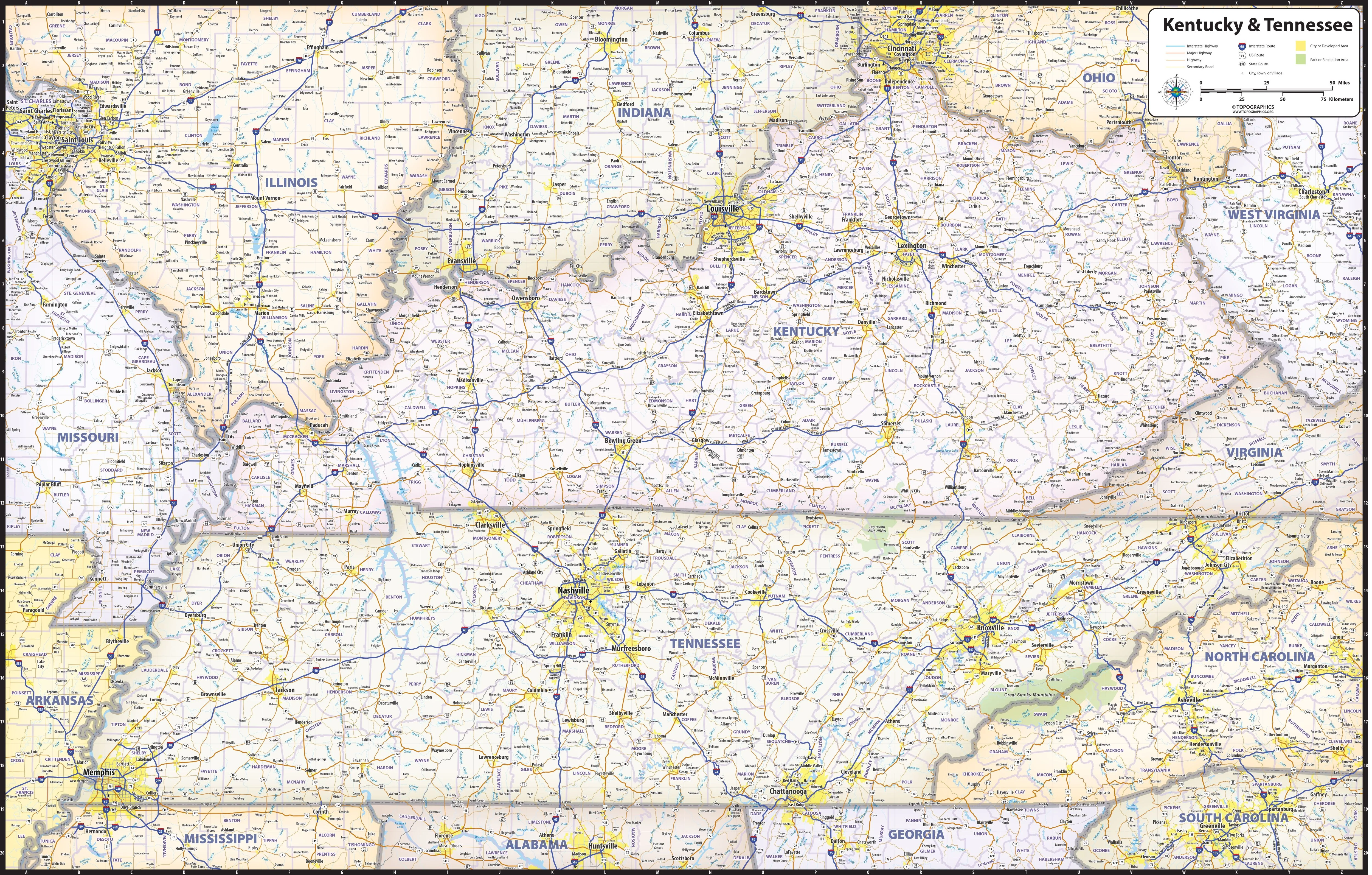 Kentucky and Tennessee Wall Map