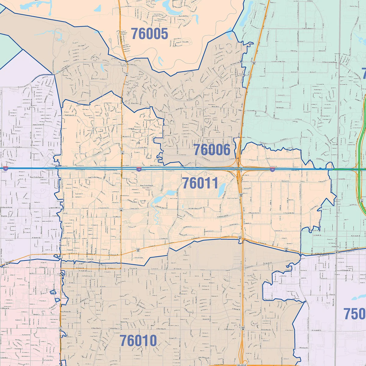 Color Cast Zip Code Style Wall Map of Arlington, TX - Image 4