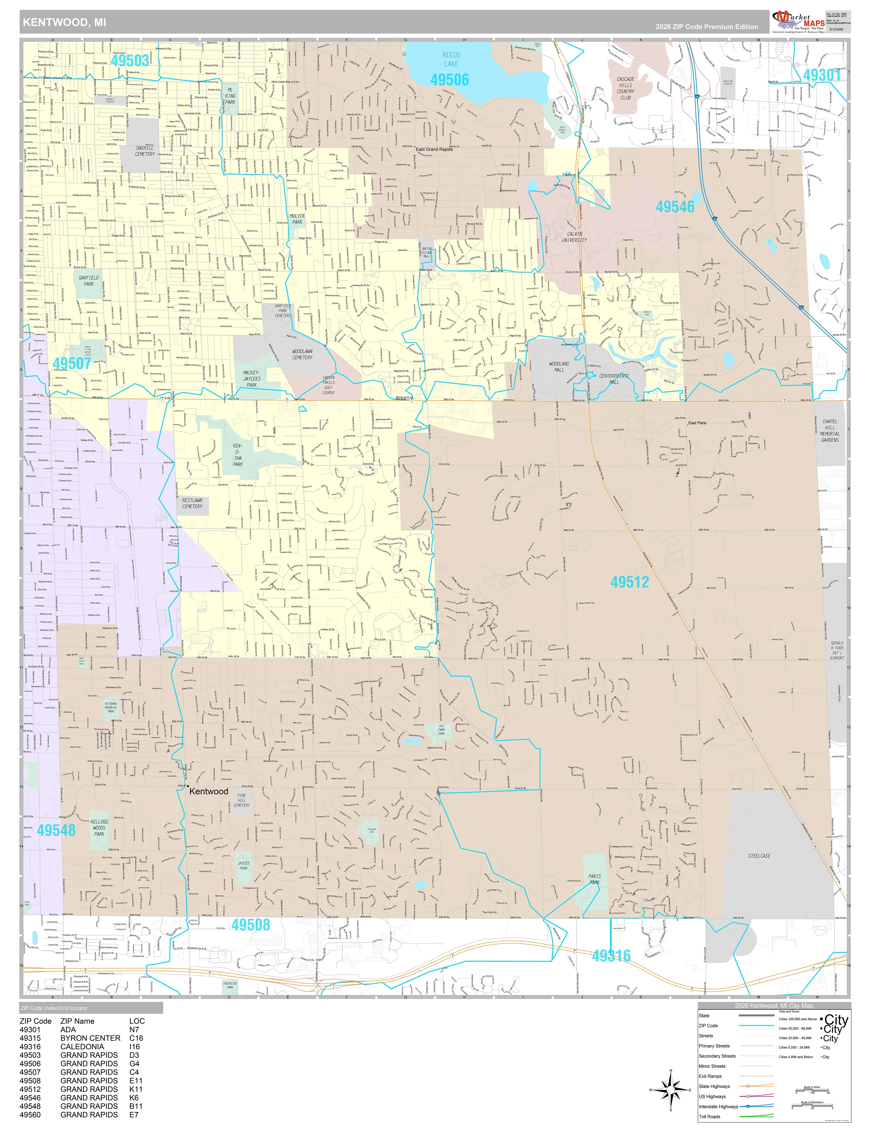 Premium Style Wall Map of Kentwood, MI