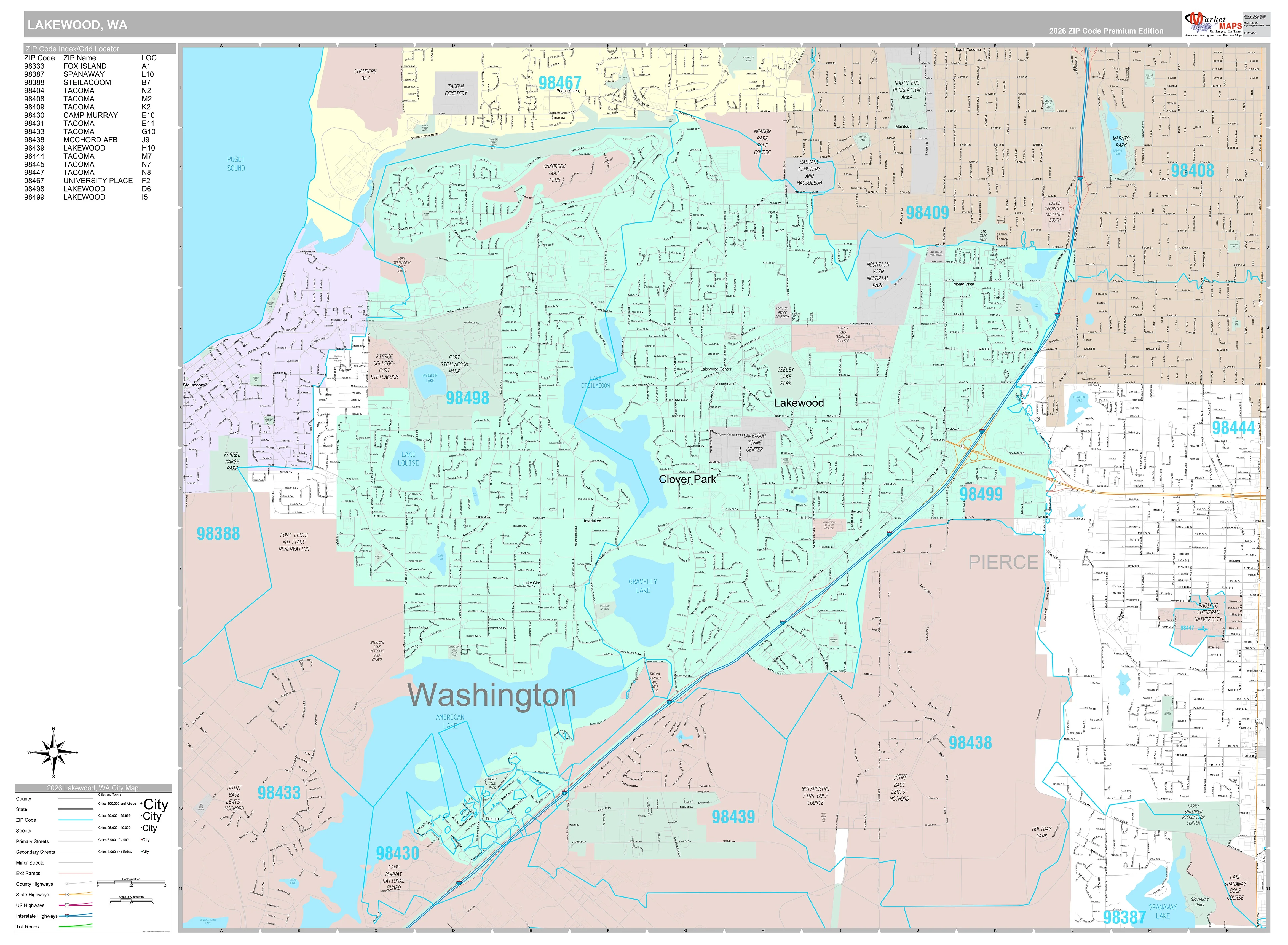 Premium Style Wall Map of Lakewood, WA