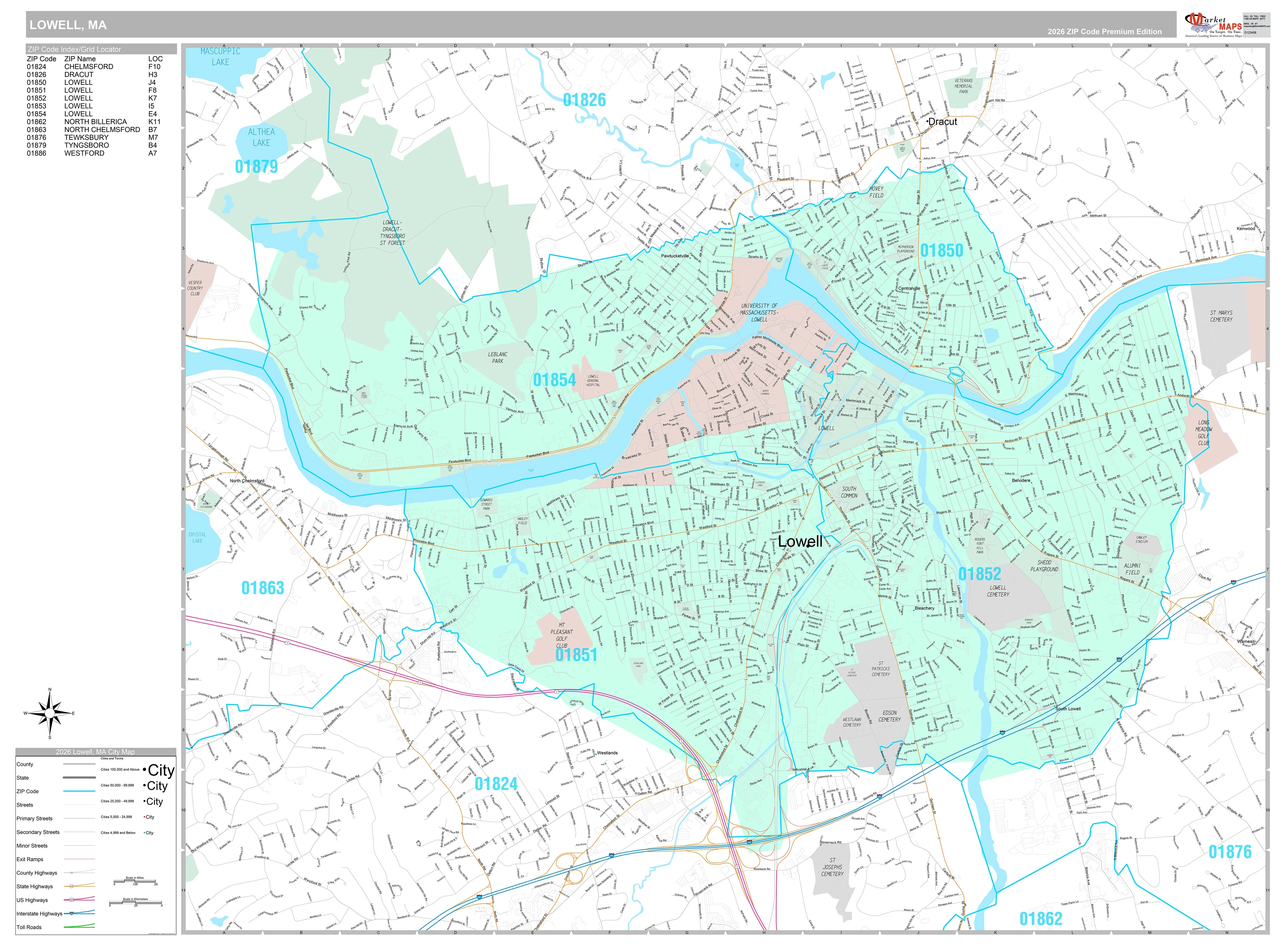 Premium Style Wall Map of Lowell, MA