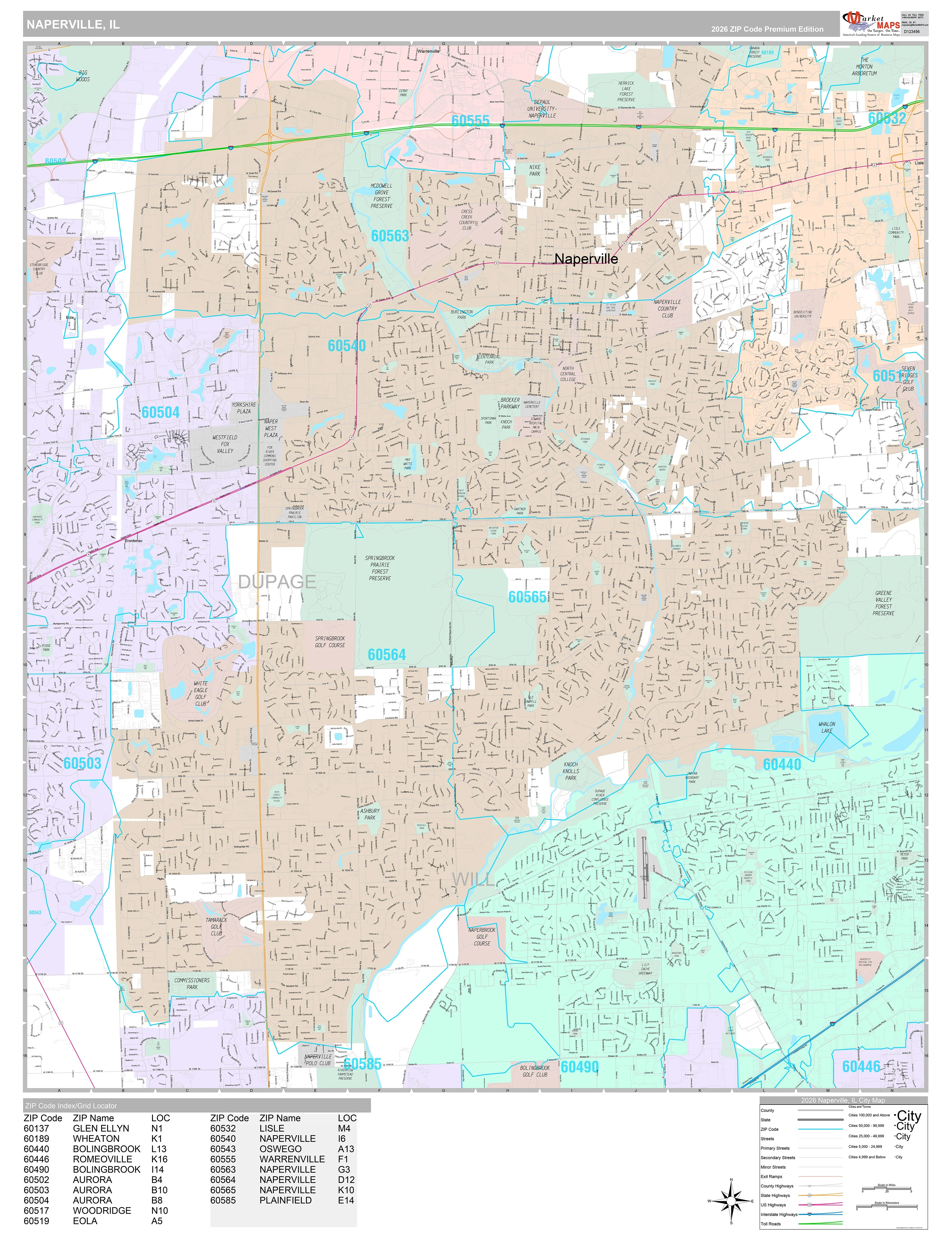 Premium Style Wall Map of Naperville, IL