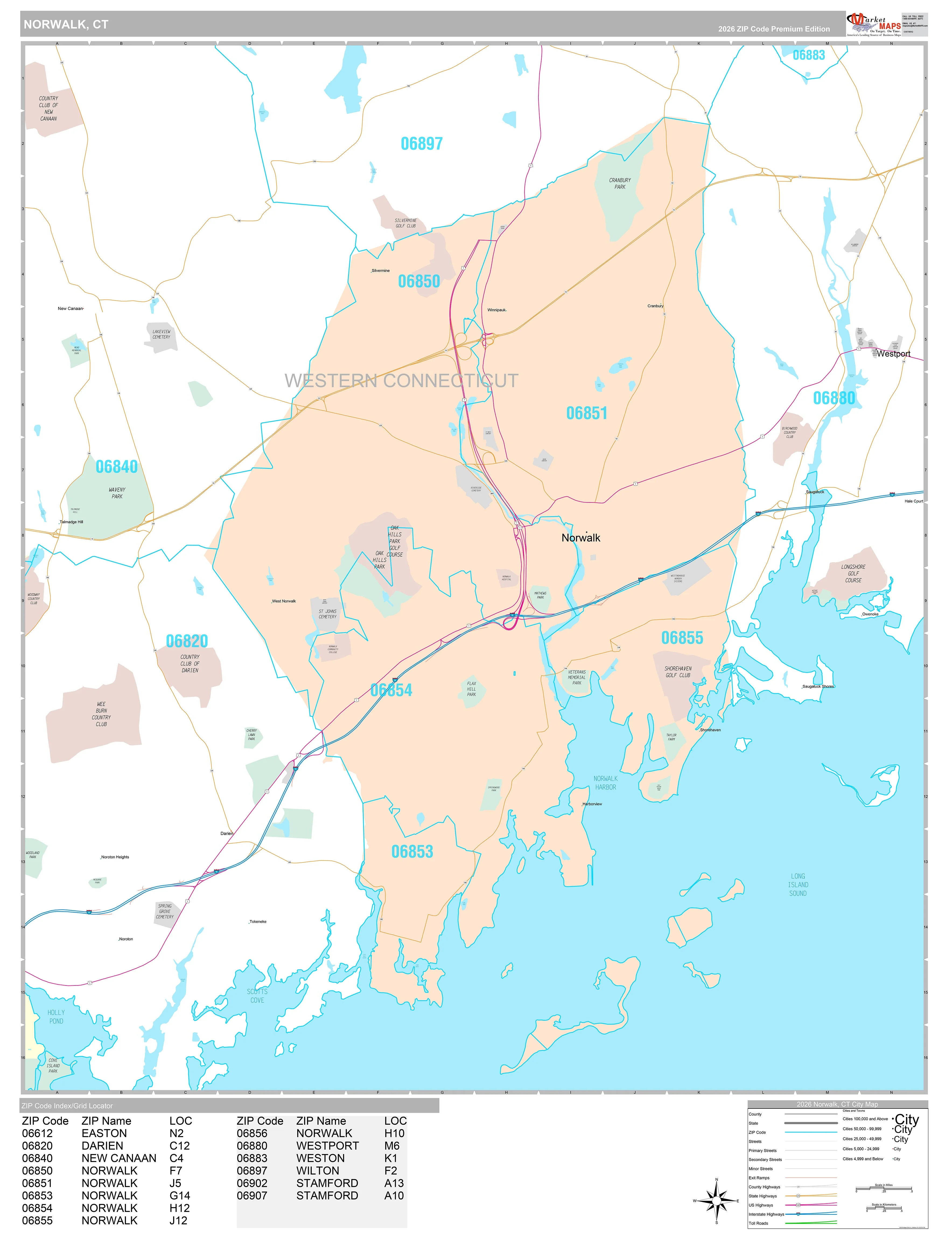 Premium Style Wall Map of Norwalk, CT