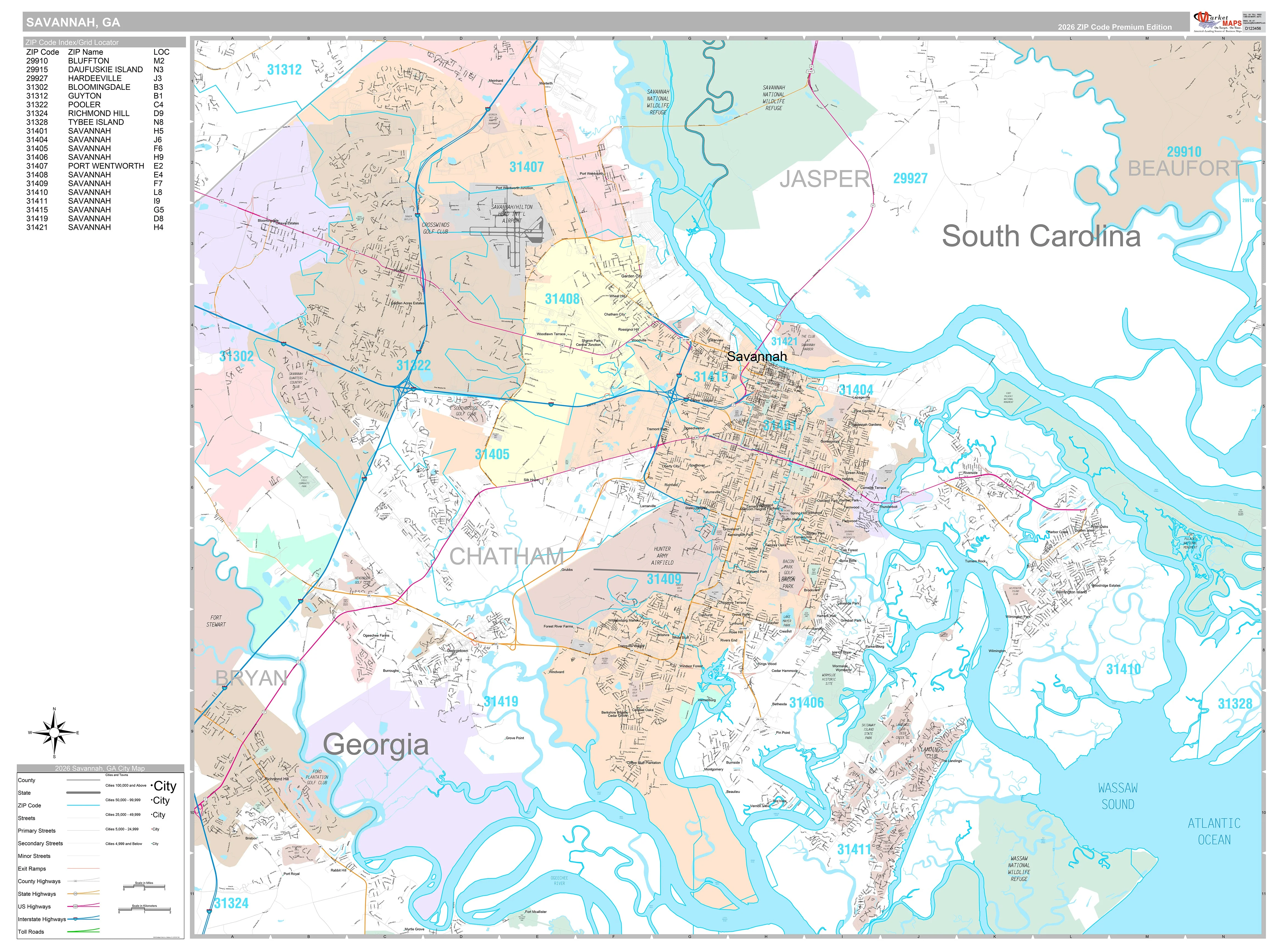 Premium Style Wall Map of Savannah, GA