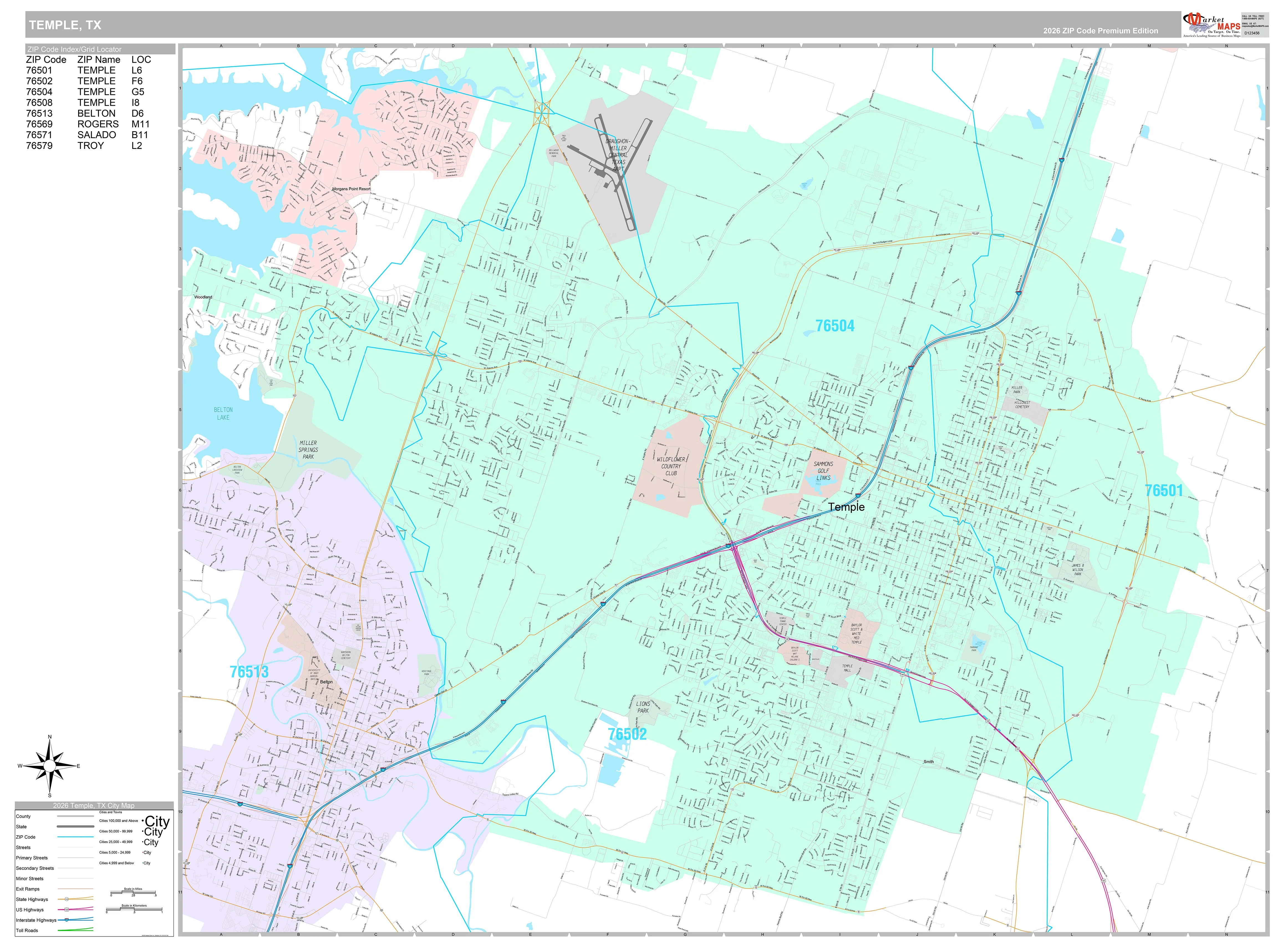 Premium Style Wall Map of Temple, TX