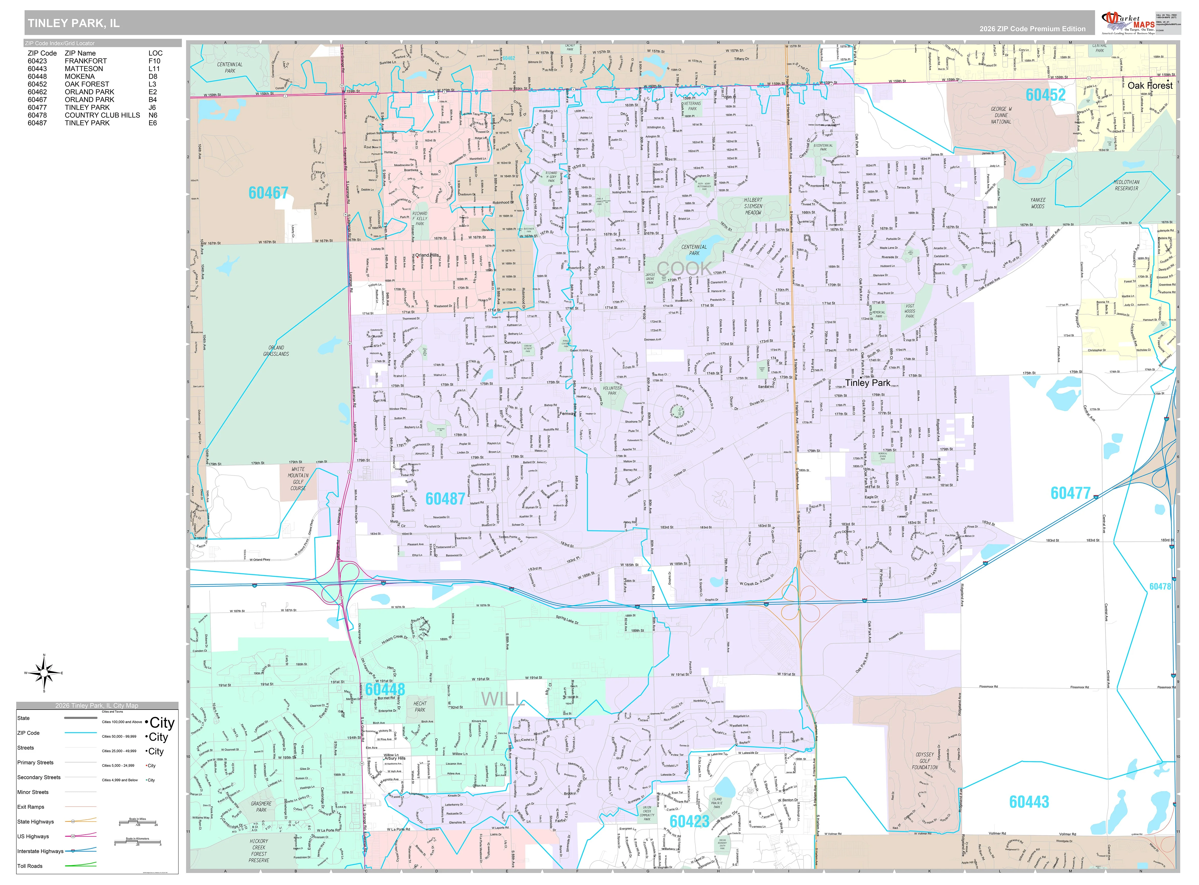 Premium Style Wall Map of Tinley Park, IL