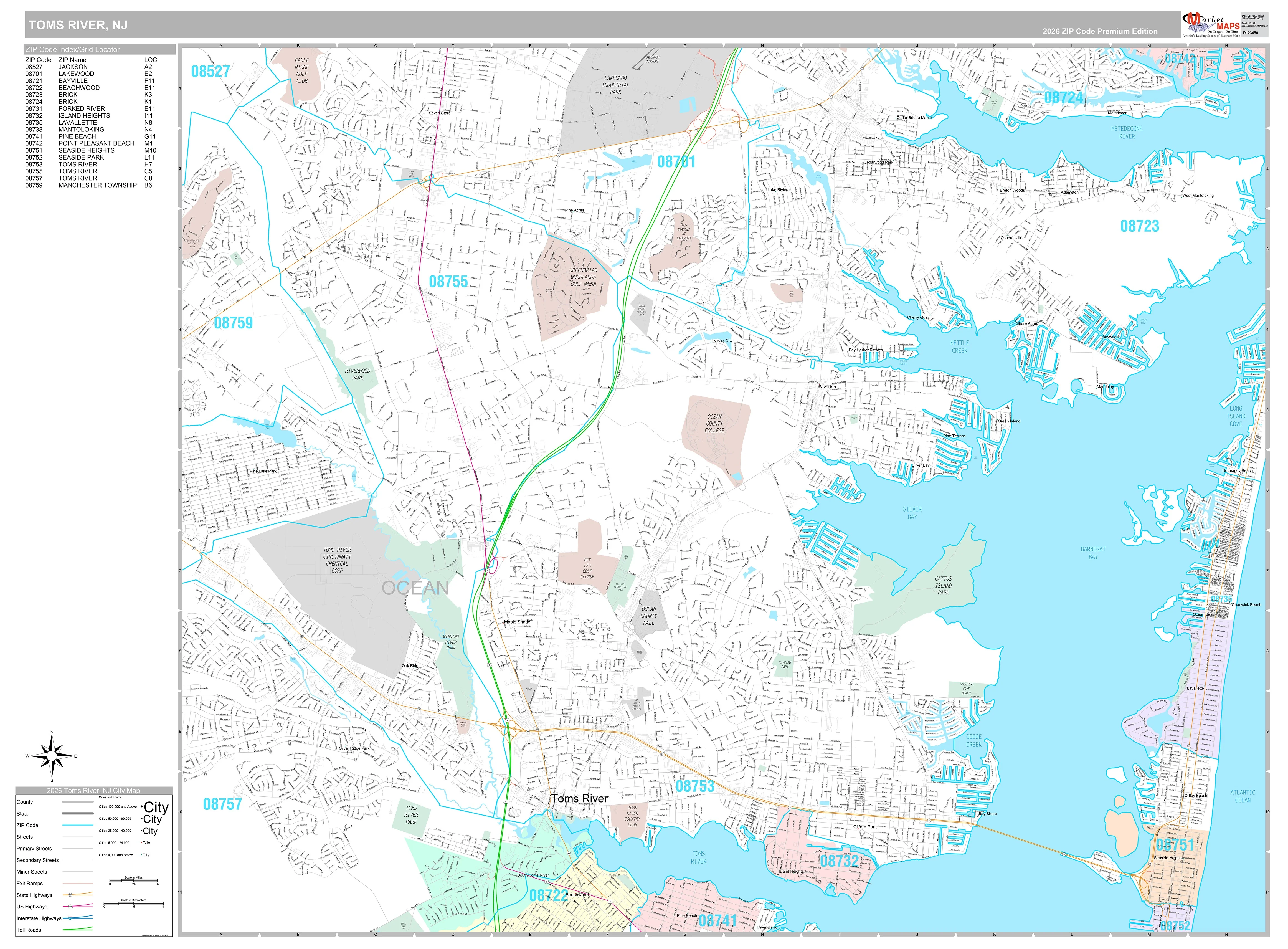Premium Style Wall Map of Toms River, NJ