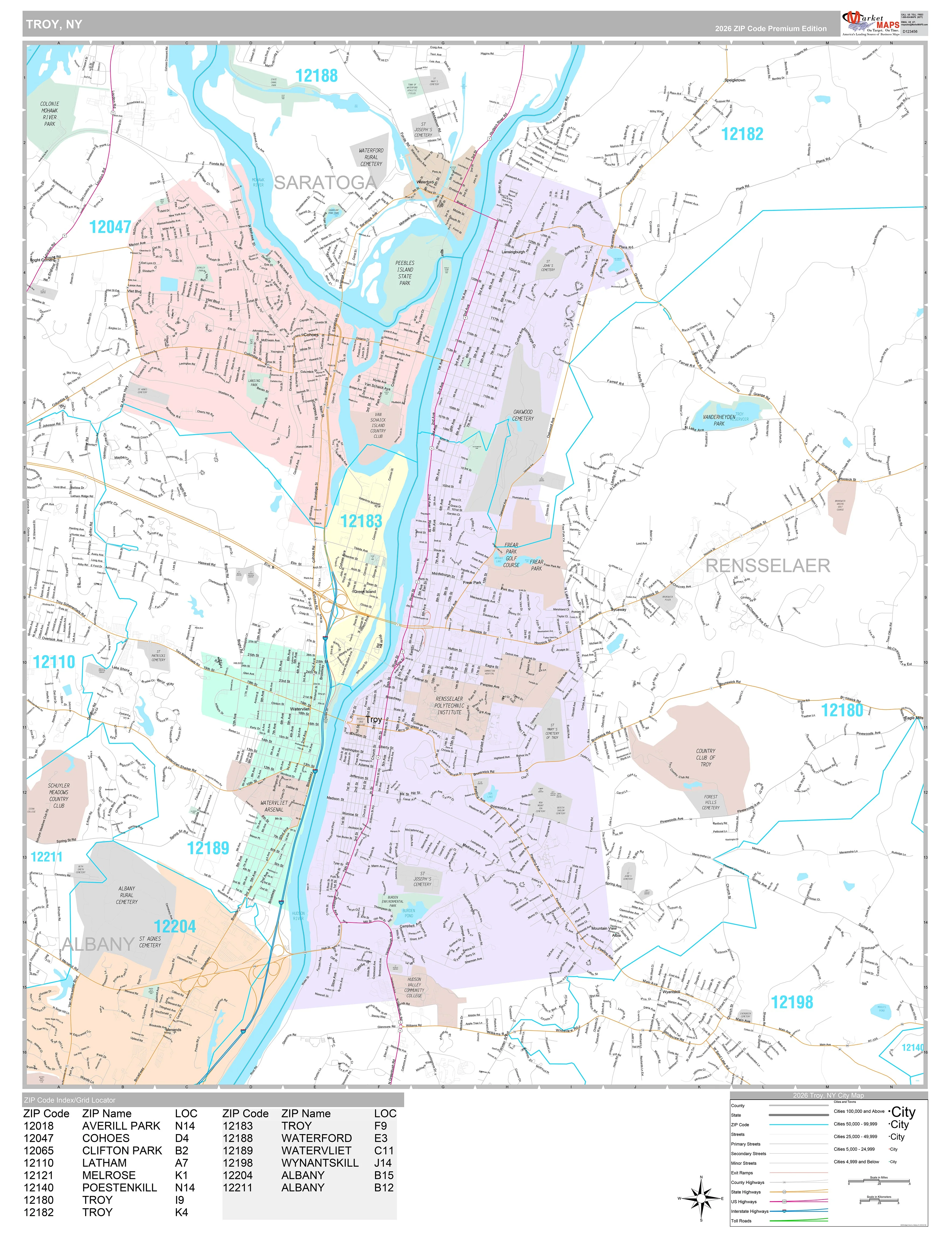 Premium Style Wall Map of Troy, NY